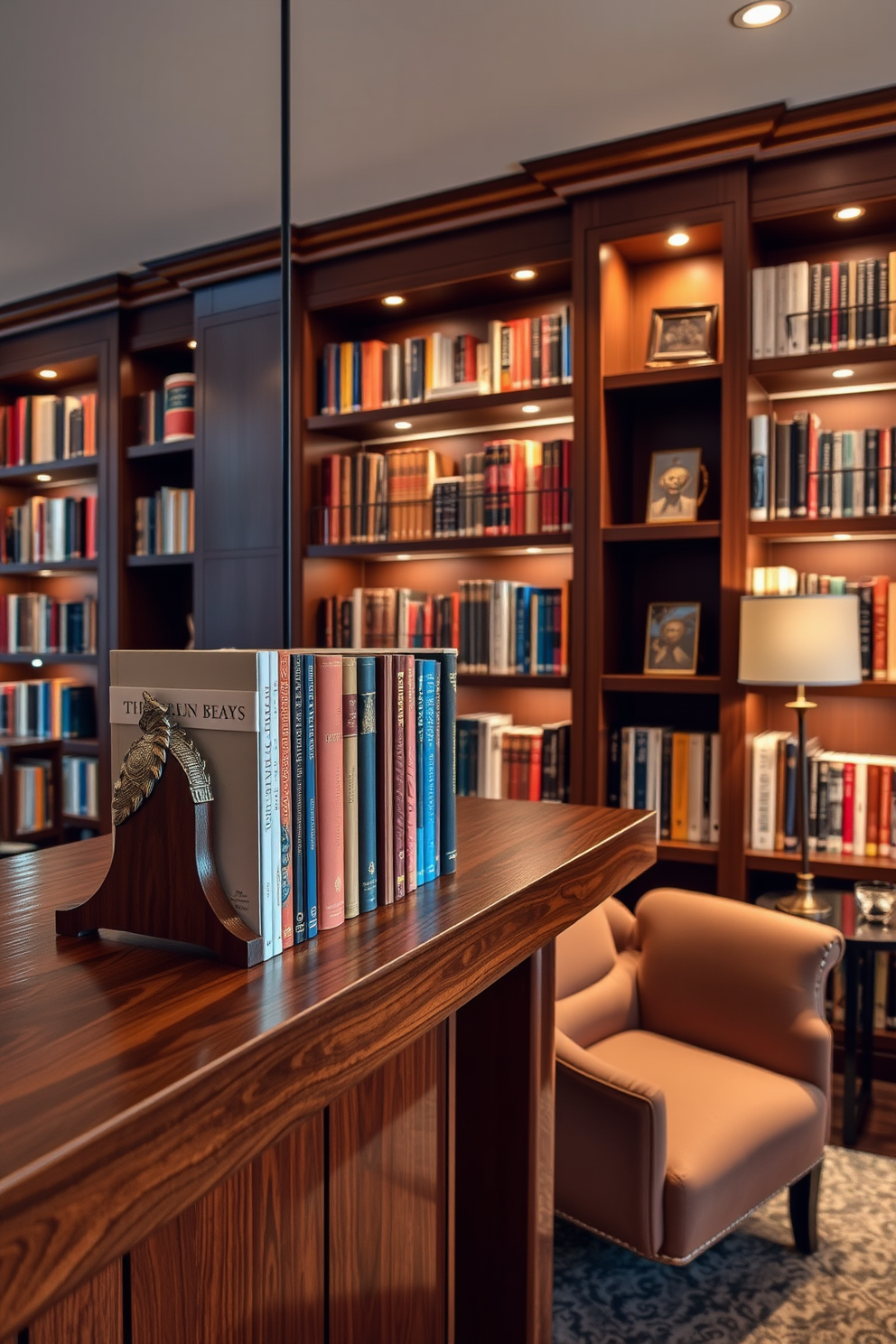 Artistic bookends are elegantly positioned on a sleek wooden shelf, showcasing an array of colorful books. The library features floor-to-ceiling shelves adorned with rich mahogany, creating a warm and inviting atmosphere. A cozy reading nook is nestled in the corner, complete with a plush armchair and a small side table. Soft ambient lighting illuminates the space, highlighting the intricate details of the bookends and enhancing the overall aesthetic of the home library.