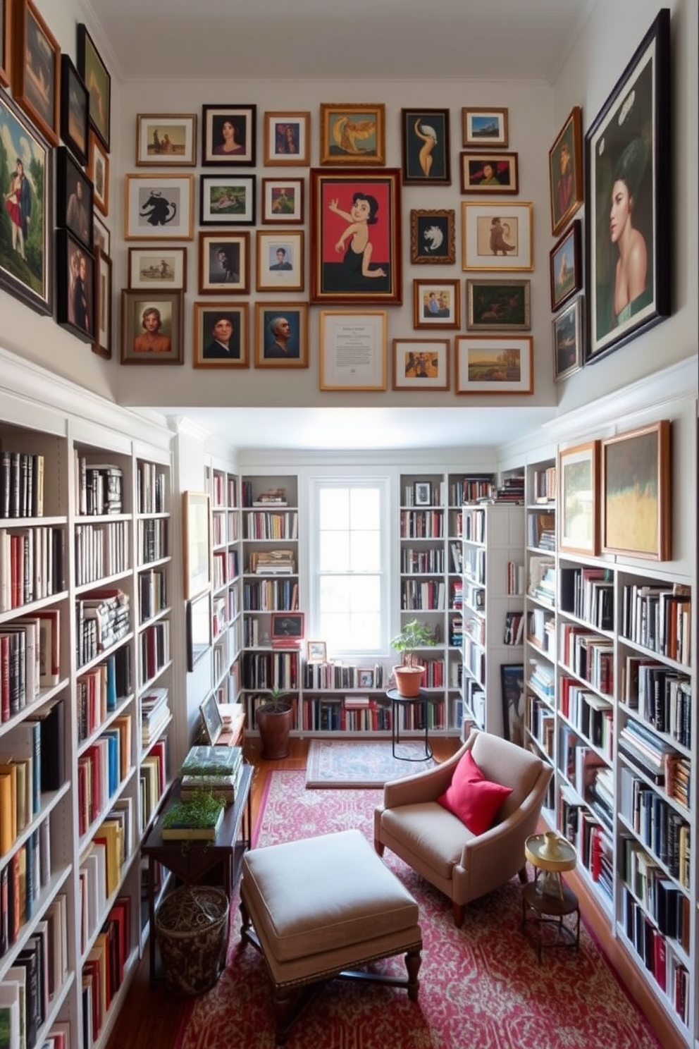 A stunning gallery wall featuring an eclectic mix of framed art pieces in various sizes and styles. The wall is painted in a soft white, allowing the vibrant colors of the artwork to stand out beautifully. A spacious home library with floor-to-ceiling bookshelves filled with an extensive collection of books. A large, comfortable reading chair is positioned near a cozy window nook, inviting relaxation and inspiration.