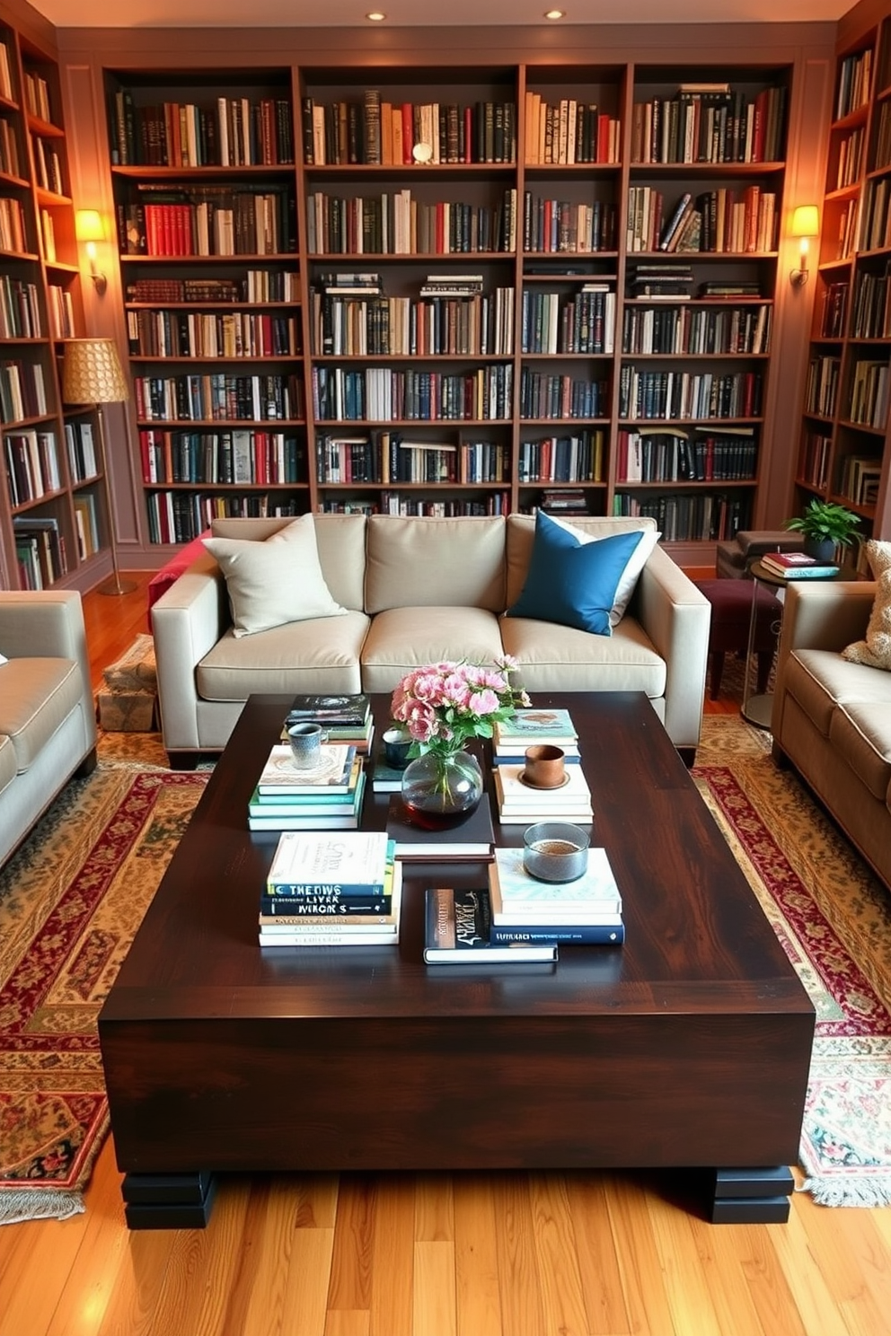 A cozy home library featuring a large coffee table made of dark wood. The table is adorned with an assortment of books and stylish coasters for beverages, surrounded by plush seating and warm ambient lighting. The walls are lined with floor-to-ceiling bookshelves filled with a diverse collection of books. Soft area rugs add warmth to the hardwood floor, creating an inviting atmosphere for reading and relaxation.