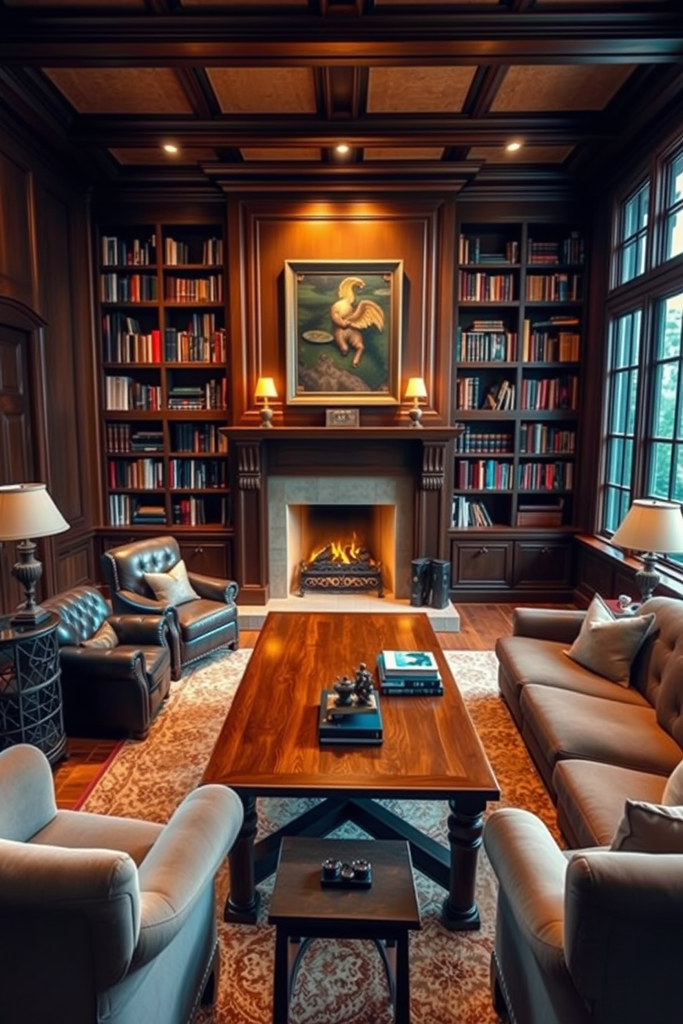 A cozy fireplace is the focal point of the room, surrounded by elegant built-in bookshelves filled with an extensive collection of books. Plush seating options, including a large leather armchair and a soft sofa, invite relaxation, while warm lighting enhances the inviting atmosphere. The home library features rich wooden paneling and a large window that allows natural light to flood the space. A large wooden table in the center serves as a perfect workspace, complemented by tasteful decor and a soft area rug beneath.