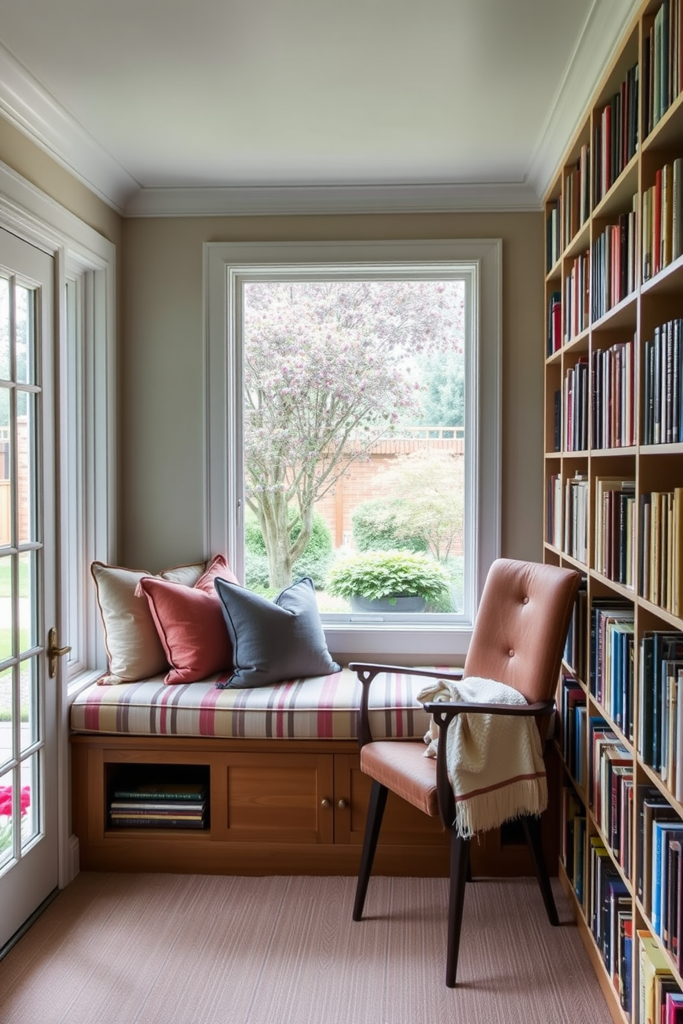 A cozy window seat with plush cushions overlooks a serene garden. Beneath the seat, ample storage is available for books and blankets, enhancing the functionality of the space. The home library features floor-to-ceiling bookshelves filled with a diverse collection of books. A comfortable reading chair is positioned near the window, creating an inviting nook for quiet reading and reflection.