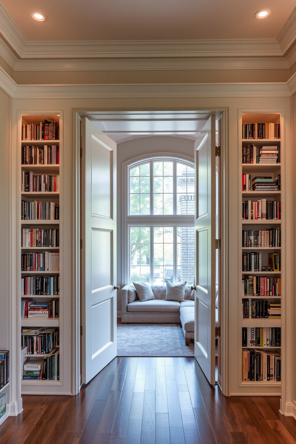 A large home library featuring hidden doors that seamlessly blend into the bookshelves. The room is filled with towering shelves lined with books, and a cozy reading nook is situated by a large window with plush seating.