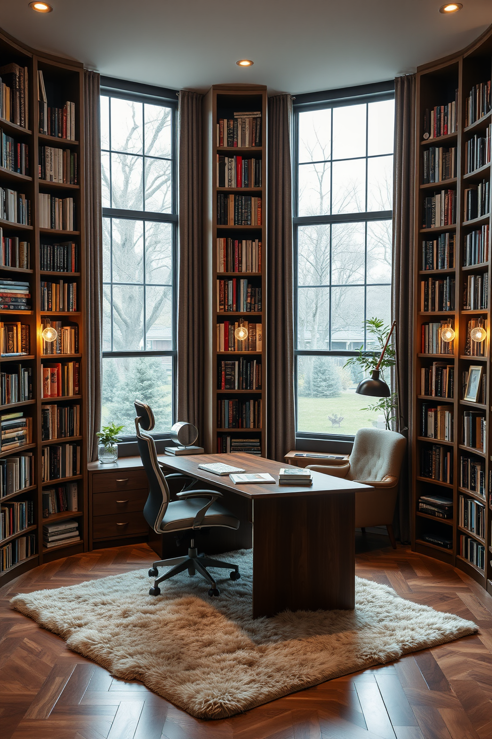 A cozy multi-functional space that seamlessly blends work and leisure. The room features a large wooden desk with a comfortable ergonomic chair, surrounded by floor-to-ceiling bookshelves filled with an array of books. Soft lighting from stylish sconces creates a warm ambiance, while a plush area rug adds comfort underfoot. A reading nook with a cozy armchair and a small side table invites relaxation, complemented by large windows that let in natural light.