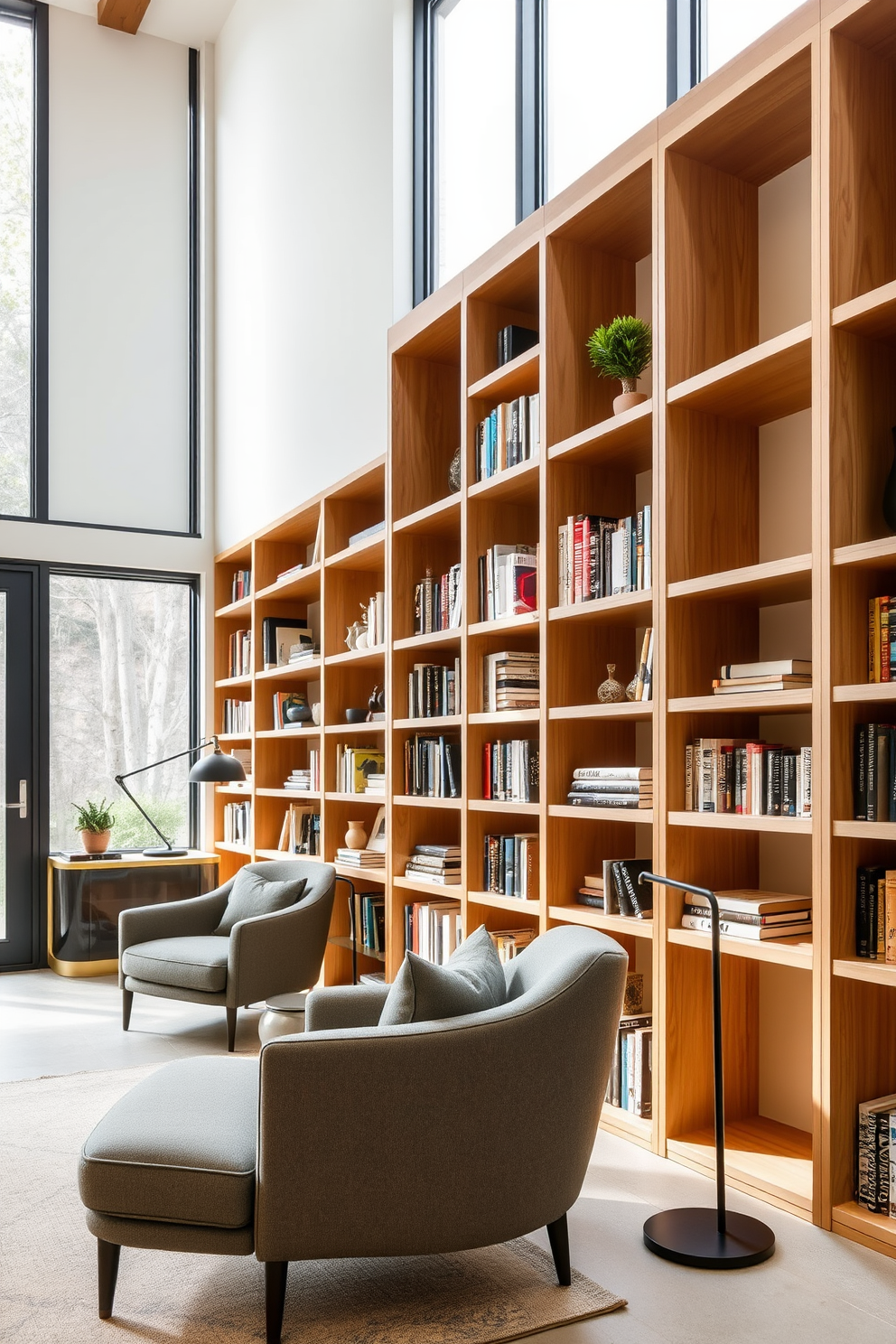 Sleek modern shelving creates a minimalist look that emphasizes clean lines and open space. The shelves are made of light wood with a natural finish, arranged asymmetrically to display books and curated decorative items. The home library features a spacious layout with large windows that allow natural light to flood the room. A cozy reading nook with a comfortable armchair is positioned near the shelves, complemented by a small side table and a stylish floor lamp.