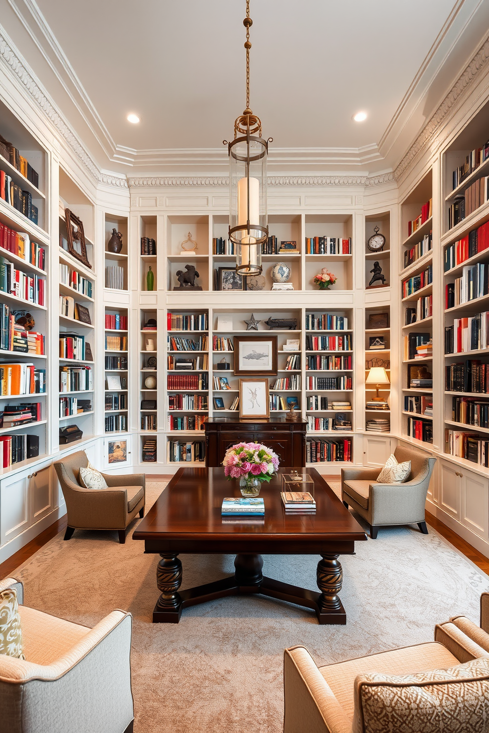 A spacious home library features wall-to-wall built-in bookshelves that elegantly frame the room. The shelves are filled with an extensive collection of books, complemented by decorative items and personal mementos. A large wooden table sits in the center of the room, surrounded by comfortable seating options. Soft lighting fixtures hang from the ceiling, creating a warm and inviting atmosphere perfect for reading and relaxation.