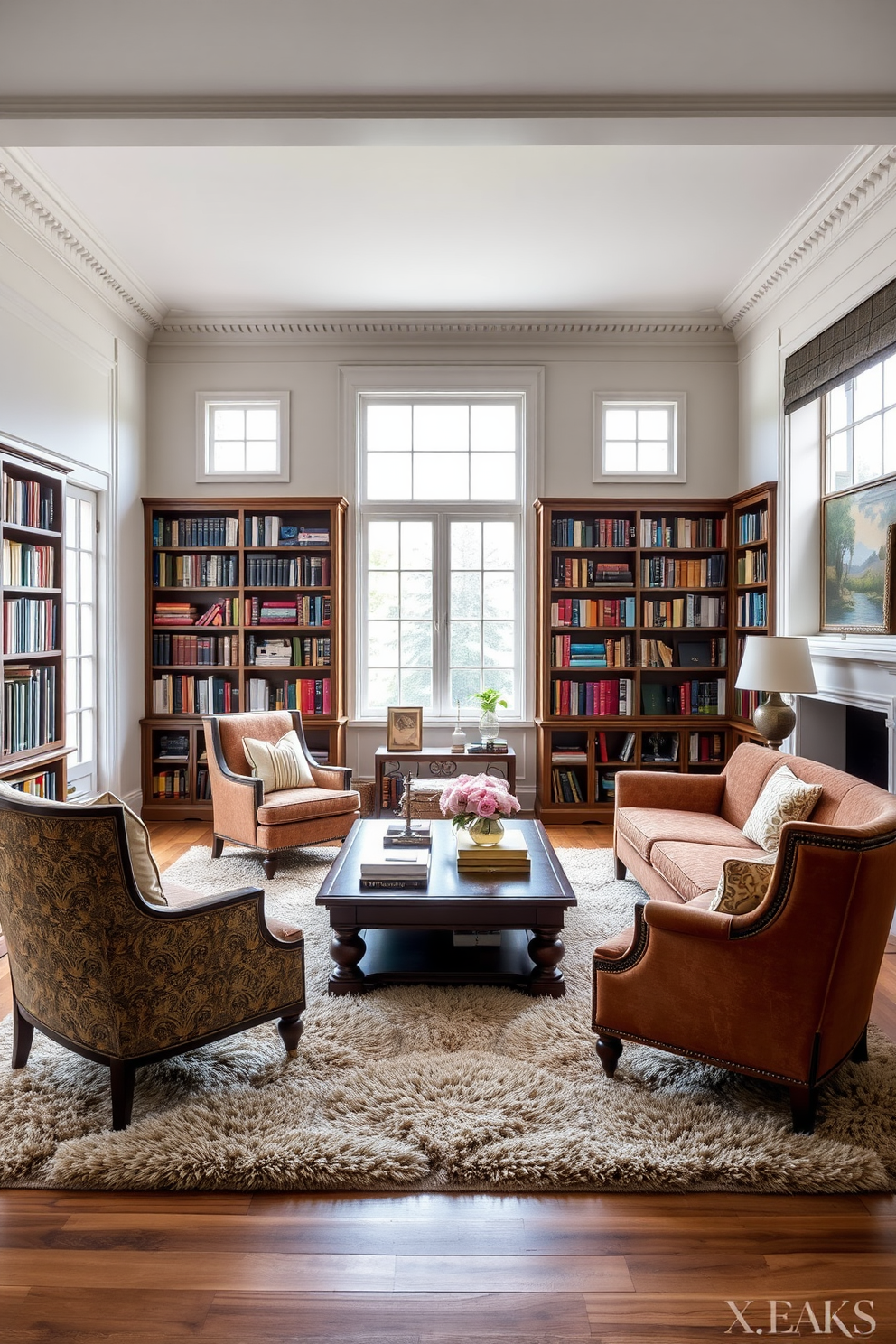 A cozy home library filled with natural light. The room features elegant accent chairs upholstered in rich fabrics, positioned around a large wooden coffee table. Bookshelves line the walls, filled with a diverse collection of books. A plush area rug anchors the seating area, adding warmth and texture to the space.