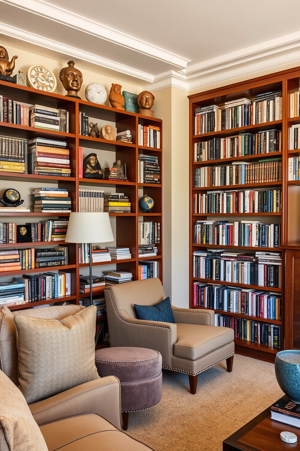 A personalized book display showcases a curated collection of favorite novels and unique artifacts. The shelves are made of rich mahogany, providing a warm contrast to the soft beige walls and plush, inviting seating areas. The large home library features floor-to-ceiling bookshelves filled with books of various sizes and colors. A cozy reading nook is nestled in one corner, complete with a comfortable armchair and a stylish floor lamp, creating an inviting atmosphere for relaxation and study.