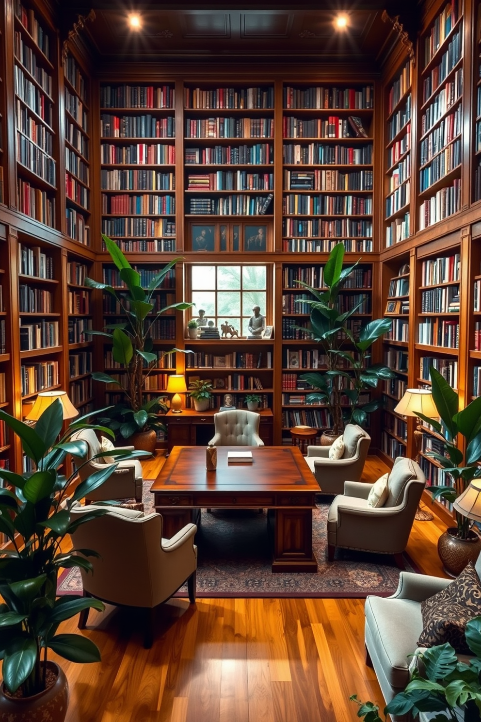 A spacious home library with floor-to-ceiling bookshelves filled with a variety of books. A large wooden desk sits in the center, surrounded by comfortable seating areas featuring plush armchairs and a cozy reading nook. Lush green plants are strategically placed throughout the room, adding a refreshing touch to the warm wood tones. Soft, ambient lighting from stylish lamps enhances the inviting atmosphere, making it the perfect space for relaxation and reading.