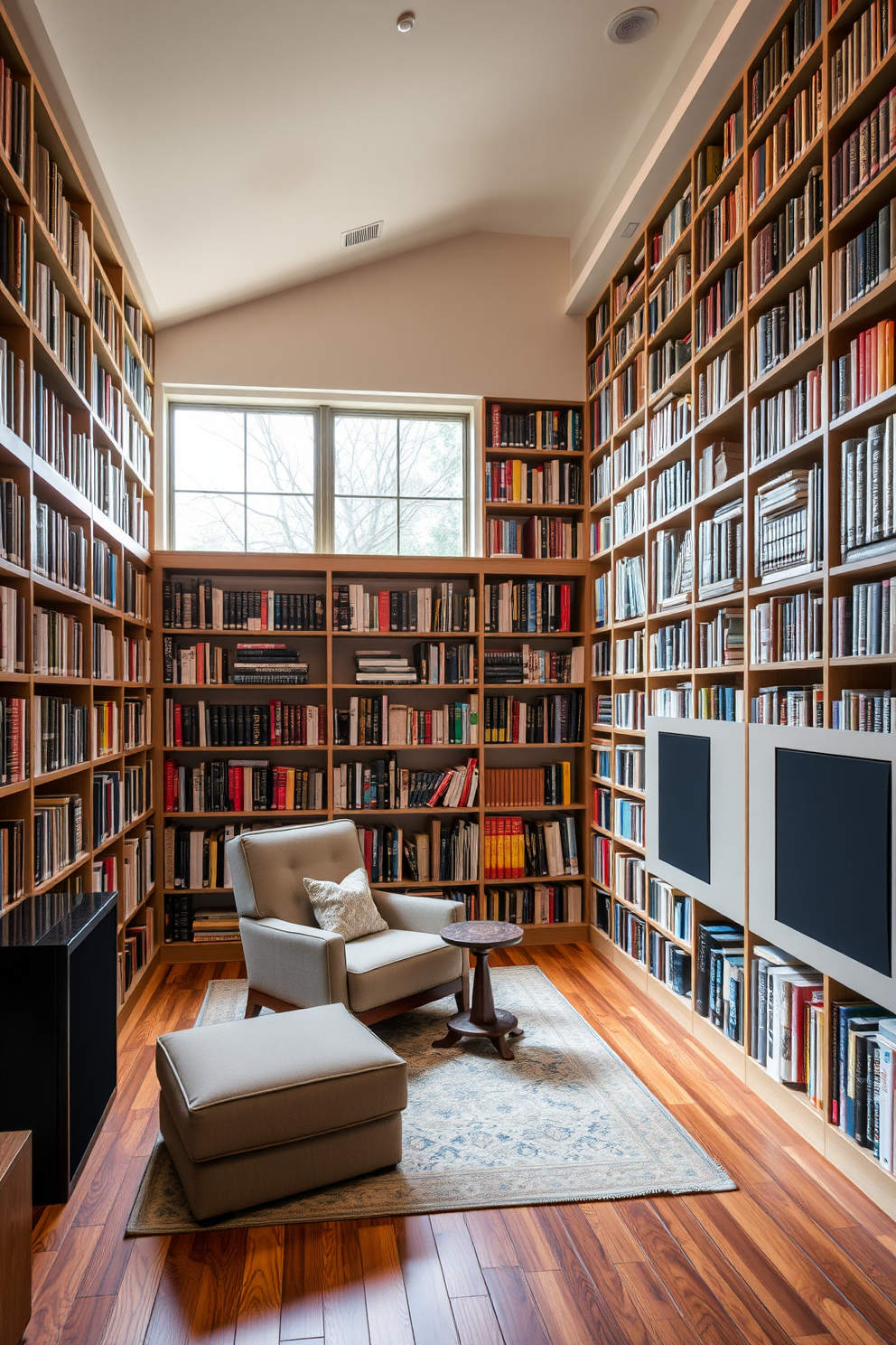 A spacious home library featuring floor-to-ceiling bookshelves filled with a diverse collection of books. A cozy reading nook with a plush armchair and a small side table is positioned near a large window that allows natural light to flood the space. An integrated sound system is seamlessly incorporated into the library design to enhance the ambiance. Soft, ambient lighting fixtures are strategically placed to create a warm and inviting atmosphere perfect for enjoying music or audiobooks.