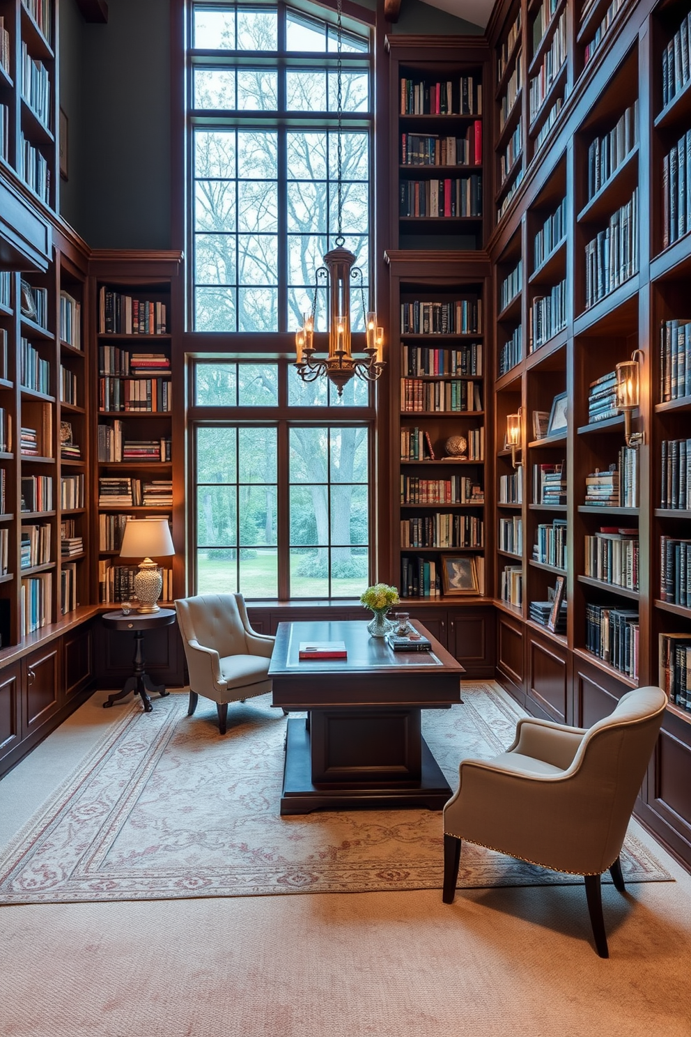 Custom cabinetry for a tailored look. The library features floor-to-ceiling shelves filled with books, complemented by a cozy reading nook with a plush armchair and a small side table. Large Home Library Design Ideas. The space is illuminated by large windows, allowing natural light to flood in, while a rich wooden desk sits in the center, surrounded by elegant lighting fixtures and decorative accents.