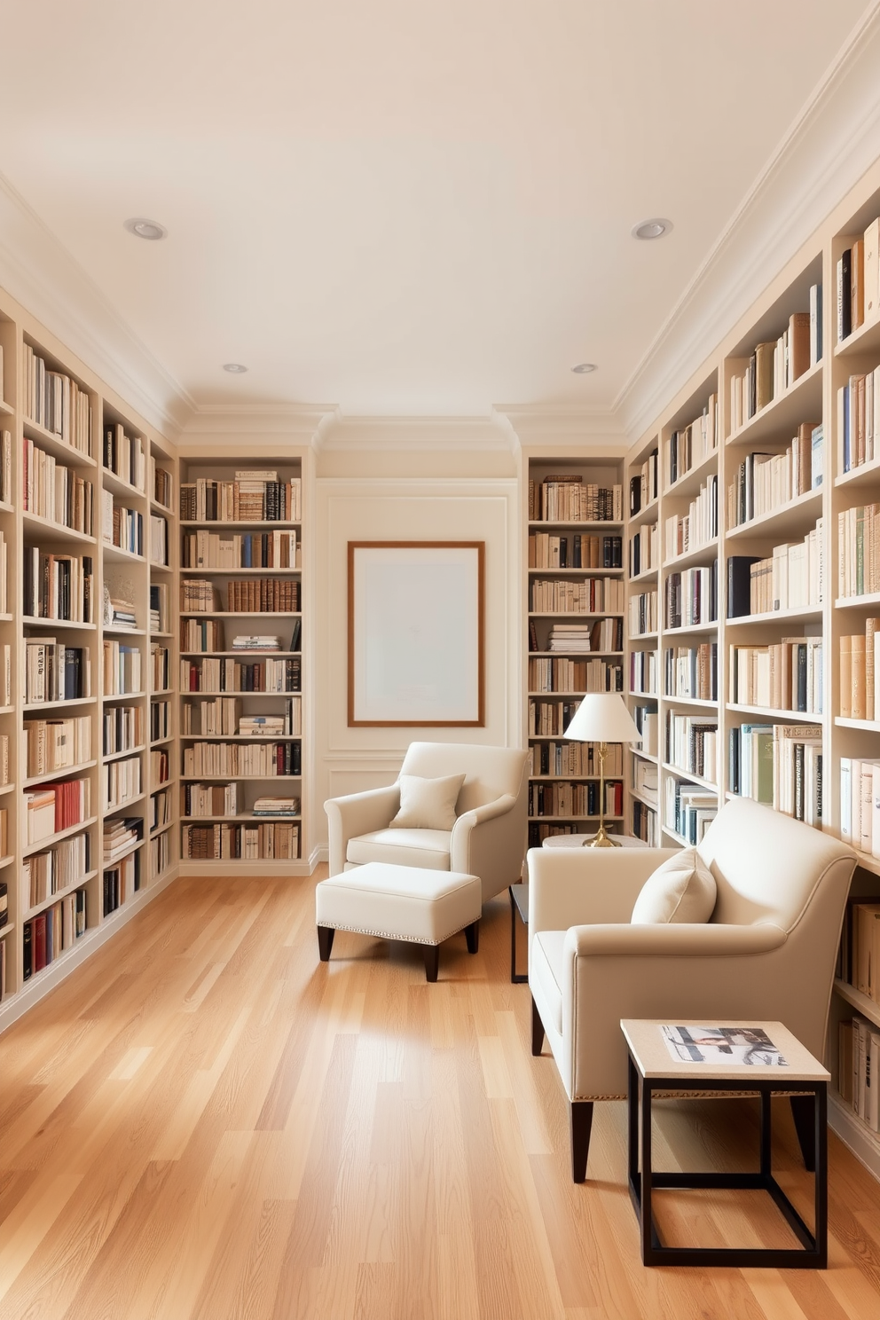 A large home library with a soft, neutral color palette that promotes calmness. The walls are painted in a warm beige, and the flooring features light oak hardwood that enhances the serene atmosphere. Floor-to-ceiling bookshelves line the walls, filled with an array of books in varying shades of cream and taupe. A cozy reading nook with a plush, cream-colored armchair and a small side table sits in one corner, inviting relaxation.