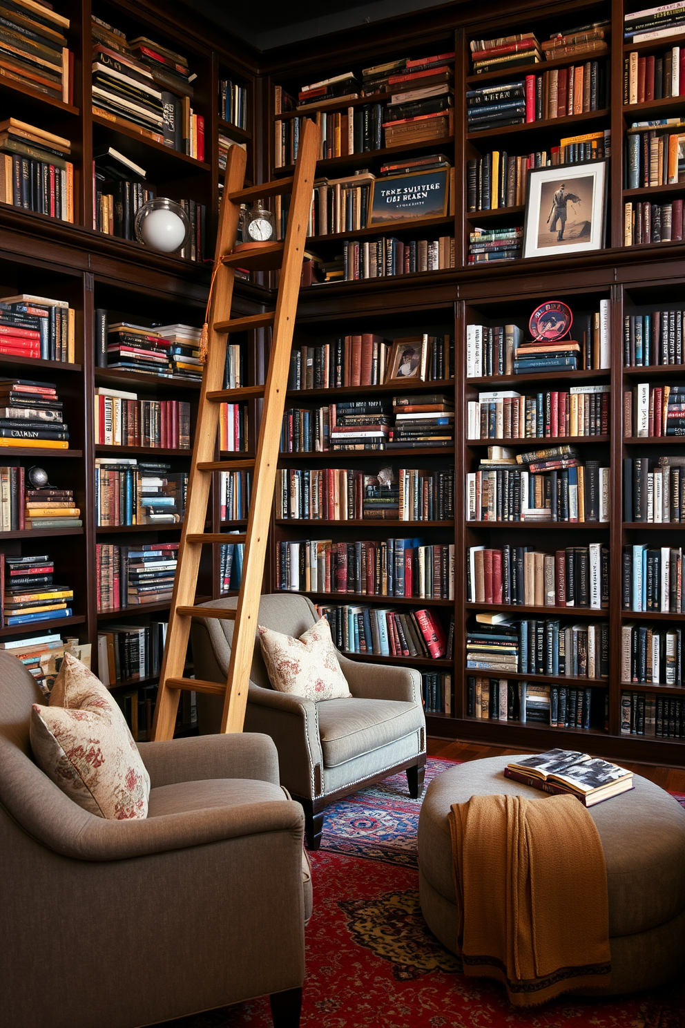 A vintage ladder leans against a wall of bookshelves filled with an eclectic mix of books and decorative items. The warm wood tones of the ladder complement the rich, dark hues of the library, creating an inviting atmosphere. Soft, ambient lighting highlights the cozy reading nooks scattered throughout the space. Plush armchairs and a large area rug complete the inviting aesthetic, making it the perfect place to unwind with a good book.