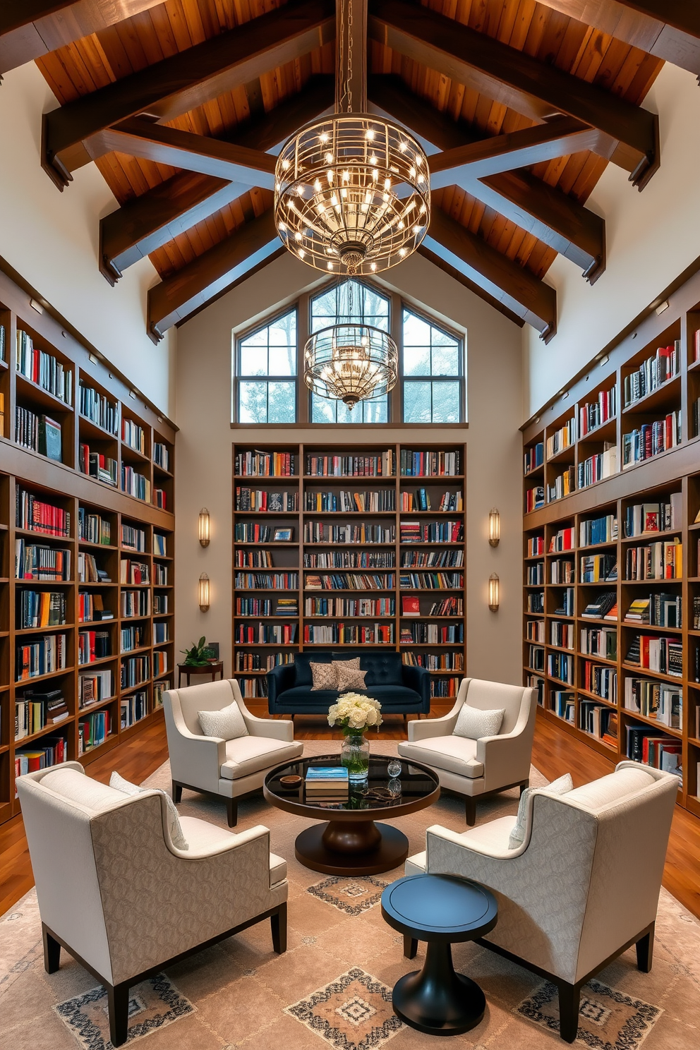 A large home library with high ceilings showcasing creative lighting fixtures that add elegance and ambiance. The room features floor-to-ceiling bookshelves filled with an extensive collection of books, complemented by a cozy reading nook with plush chairs and a stylish coffee table.