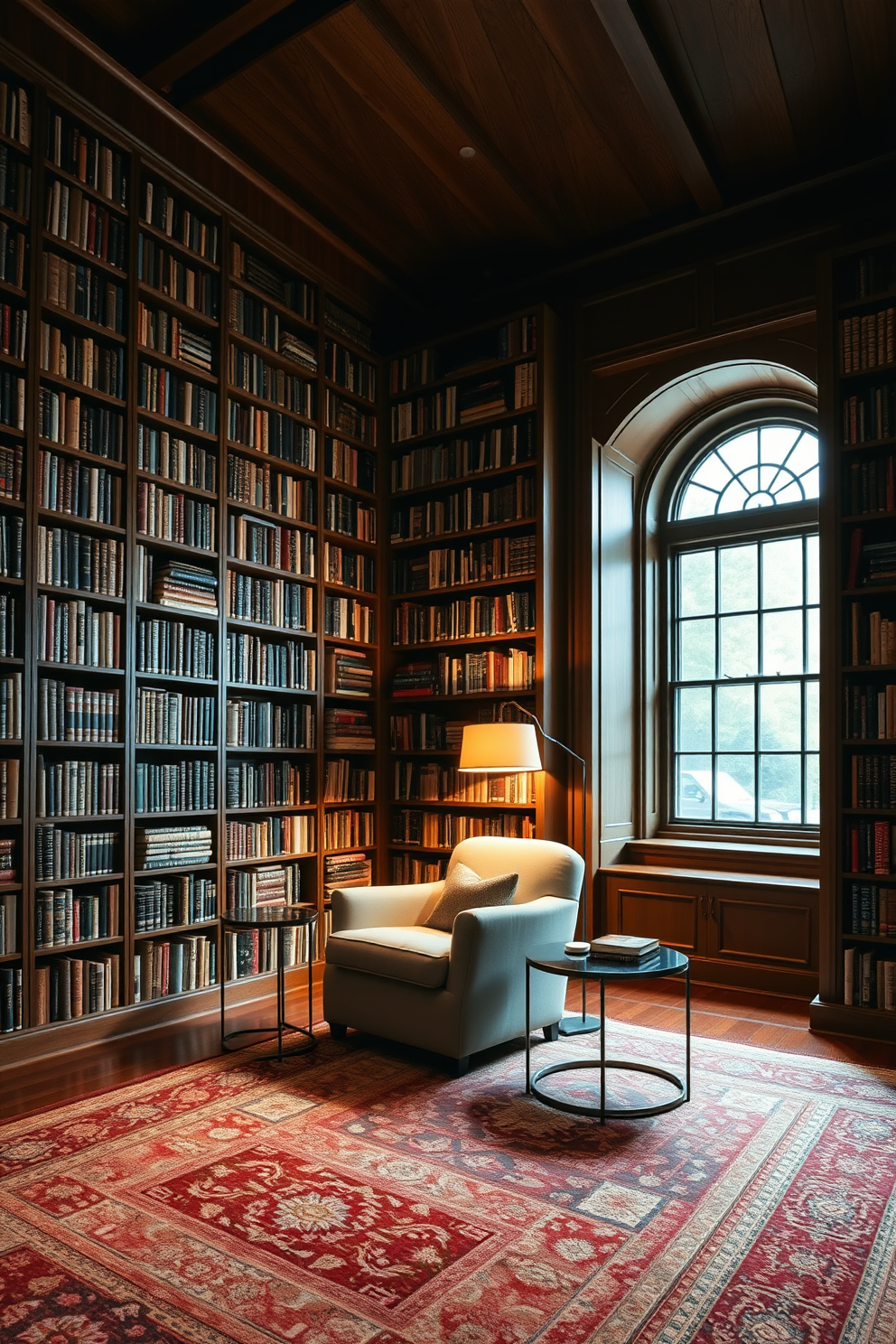 A large home library featuring floor-to-ceiling bookshelves filled with an extensive collection of books. In the center, a plush armchair is positioned next to a sleek side table, complemented by a stylish reading light that casts a warm glow over the seating area. The walls are adorned with rich wood paneling, creating a cozy and inviting atmosphere. A large window allows natural light to flood the space, highlighting a beautiful area rug that ties the room together.