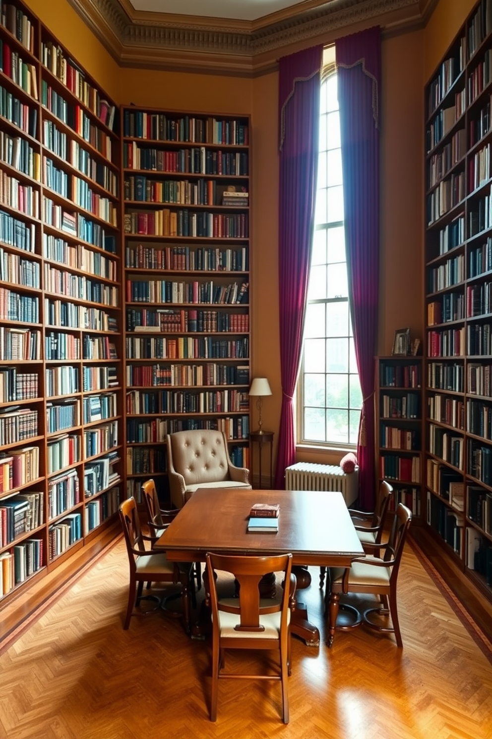 A large home library filled with floor-to-ceiling bookshelves showcasing a vast collection of books in various colors and sizes. A plush reading chair is placed in the corner next to a tall window, adorned with stylish curtains that drape elegantly to the floor. The walls are painted a warm, inviting shade, creating a cozy atmosphere perfect for reading. A large wooden table sits in the center, surrounded by comfortable chairs, providing a space for study and discussion.