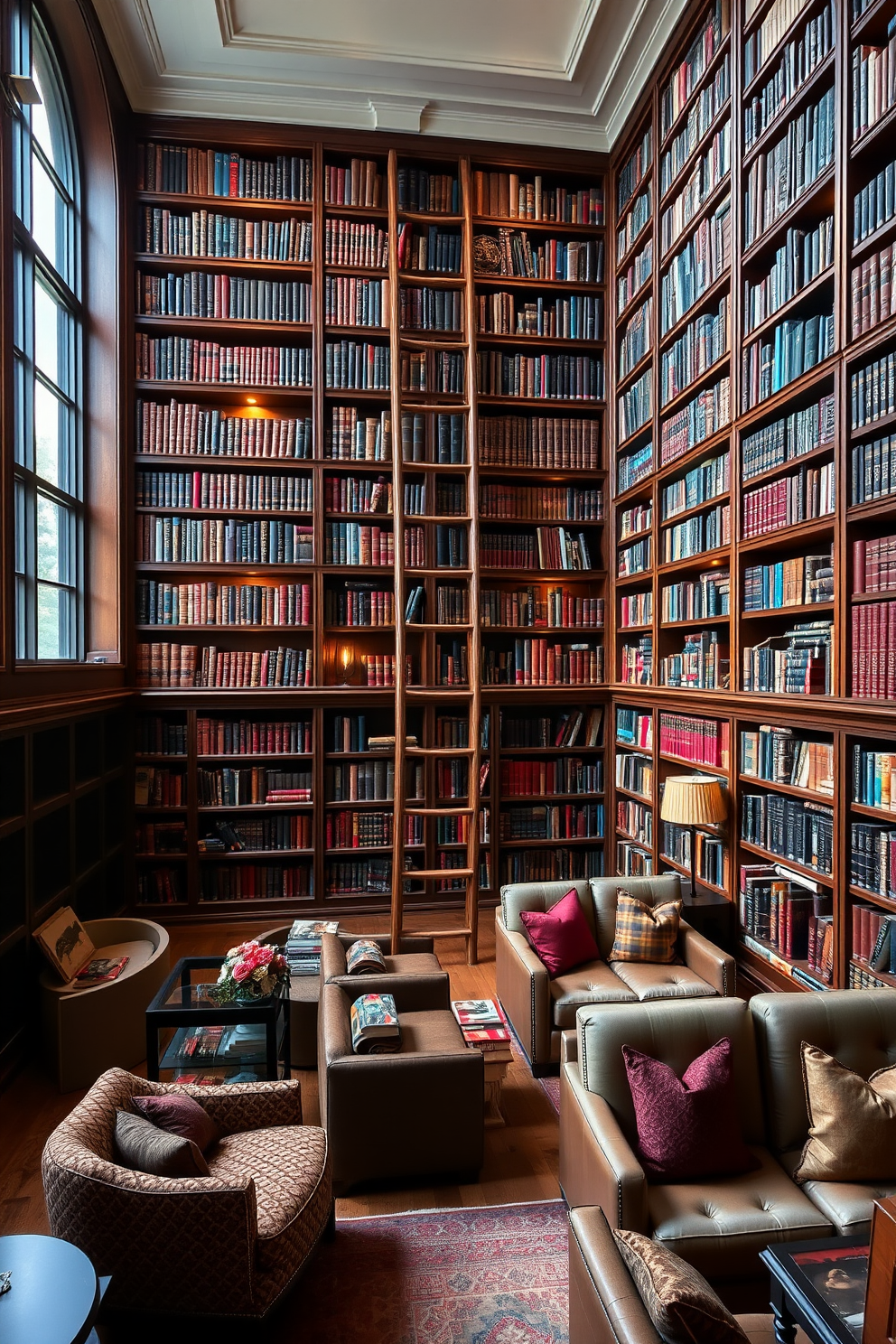 An elegant wooden ladder leans against a wall of towering bookshelves filled with a vast collection of books. The library features plush seating areas with rich fabrics, ambient lighting, and warm wood tones to create a cozy reading atmosphere. The space is adorned with tasteful artwork and decorative accents that complement the rich colors of the bookshelves. Large windows allow natural light to flood the room, enhancing the inviting ambiance of this sophisticated home library.