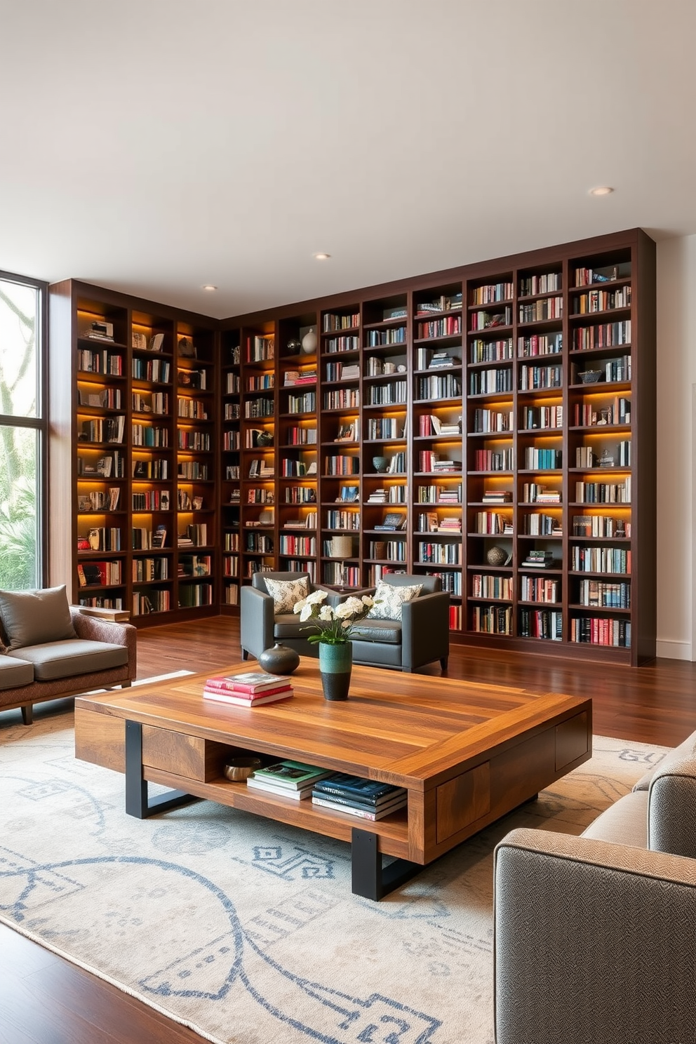 A unique coffee table with storage options features a sleek design made of reclaimed wood and metal accents. The table includes hidden compartments and an open shelf for books and decorative items, creating a blend of functionality and style. A large home library design showcases floor-to-ceiling bookshelves crafted from dark mahogany, filled with an extensive collection of books. Cozy reading nooks with plush armchairs and warm lighting invite relaxation, while a large window allows natural light to flood the space.