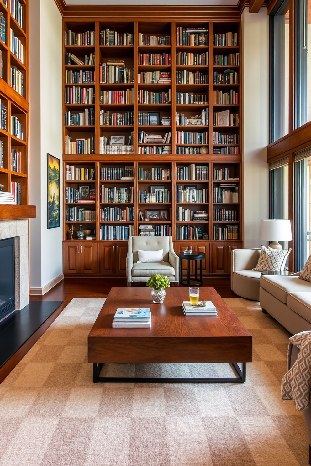 A stylish area rug anchors the space, featuring a geometric pattern in soft earth tones that complements the surrounding furniture. The rug is positioned beneath a large wooden coffee table, creating a cozy and inviting atmosphere for reading and relaxation. The home library is designed with floor-to-ceiling bookshelves crafted from rich mahogany, showcasing an extensive collection of books. A comfortable reading nook is nestled in one corner, complete with a plush armchair and a small side table for beverages.