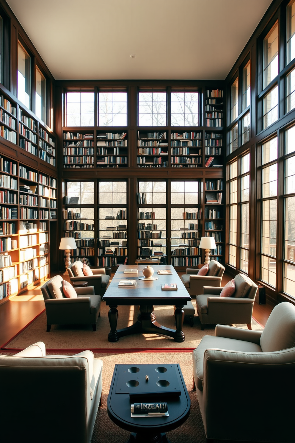 A spacious home library with large windows that allow abundant natural light to flood the room. The walls are lined with floor-to-ceiling bookshelves filled with an extensive collection of books, creating an inviting and cozy atmosphere. In the center, a large wooden table serves as a reading and study area, surrounded by plush armchairs. Soft, warm lighting complements the sunlight, enhancing the inviting ambiance of the space.