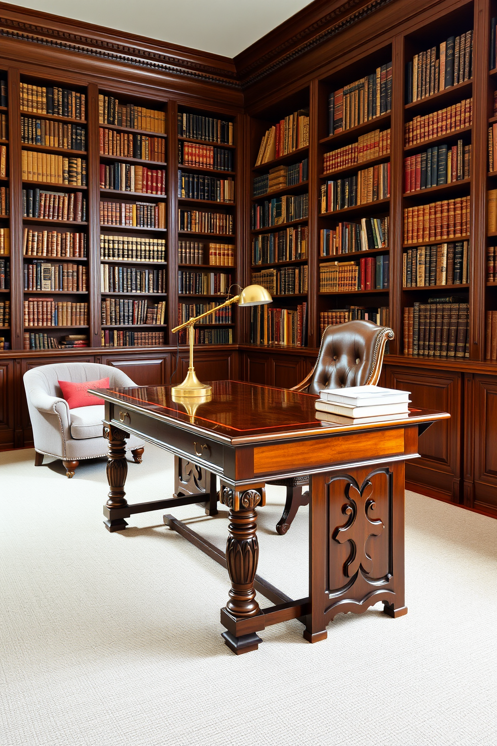 A classic wooden desk occupies the center of the workspace, crafted from rich mahogany with intricate carvings on the legs. The desk is paired with a comfortable leather chair, and a vintage brass lamp illuminates the surface. Surrounding the desk, the home library features floor-to-ceiling bookshelves made of dark oak, filled with an extensive collection of books. A cozy reading nook with a plush armchair and a small side table is positioned near a large window, allowing natural light to flood the space.