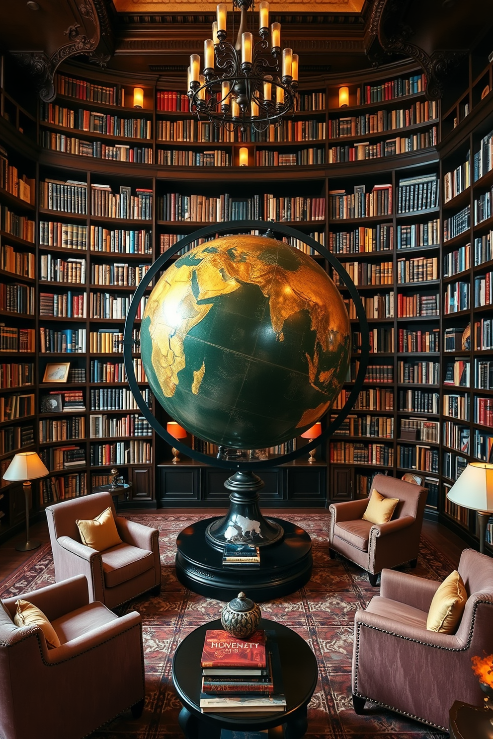 A large home library features a stunning decorative globe as a focal point. Surrounding the globe are floor-to-ceiling bookshelves filled with an extensive collection of books in various genres. The library is designed with cozy reading nooks, complete with plush armchairs and warm lighting. Rich wooden accents and a deep, inviting color palette create an atmosphere of sophistication and comfort.