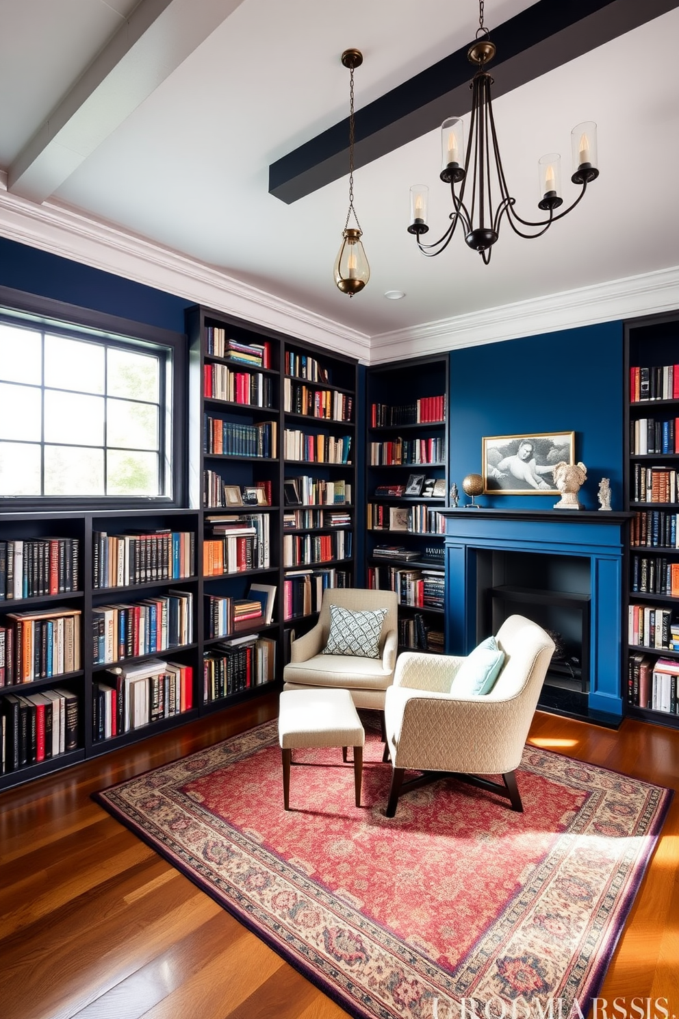 A stunning home library featuring an accent wall painted in a bold deep blue color. The shelves are filled with an extensive collection of books, and a plush reading chair is positioned in front of a large window that allows natural light to flood the space. Rich wooden flooring complements the vibrant wall, while a stylish area rug adds warmth to the room. Elegant lighting fixtures hang from the ceiling, creating a cozy atmosphere perfect for reading and relaxation.