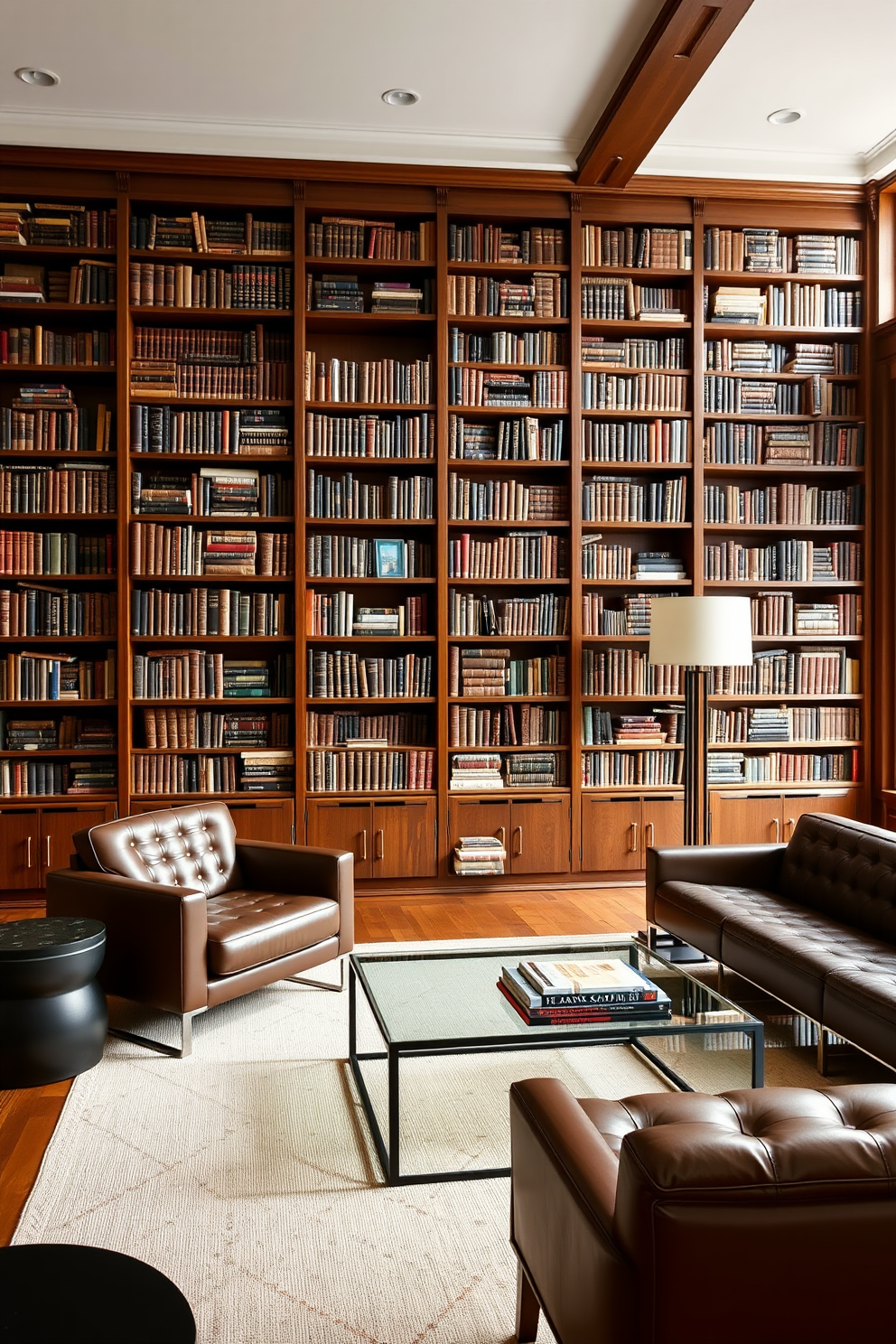 A large home library featuring a mix of vintage and modern furniture. The space includes a grand wooden bookshelf filled with classic literature, paired with sleek contemporary seating options like a minimalist leather sofa and a glass coffee table.