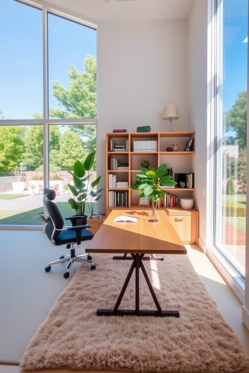 A spacious home office filled with natural light from large floor-to-ceiling windows that overlook a serene garden. The room features a sleek wooden desk positioned to take advantage of the sunlight, complemented by an ergonomic chair and stylish shelving units filled with books and decor. The walls are painted in a soft white to enhance brightness, while a plush area rug adds warmth to the space. Potted plants are strategically placed near the windows, bringing a touch of nature indoors and creating a calming atmosphere.