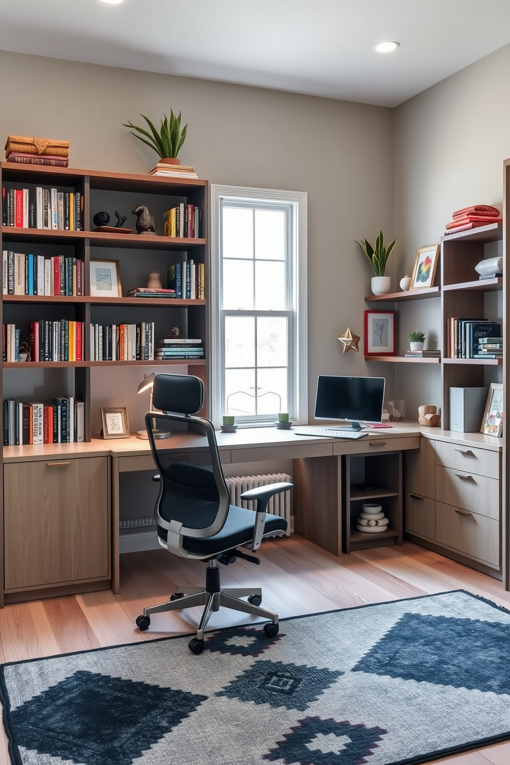 A spacious home office designed for productivity features vertical storage solutions that maximize wall space. Shelves filled with neatly organized books and decorative items complement a large desk positioned near a window for natural light. The color palette consists of calming neutrals with pops of vibrant accents. A comfortable ergonomic chair and a stylish area rug add warmth and functionality to the space.