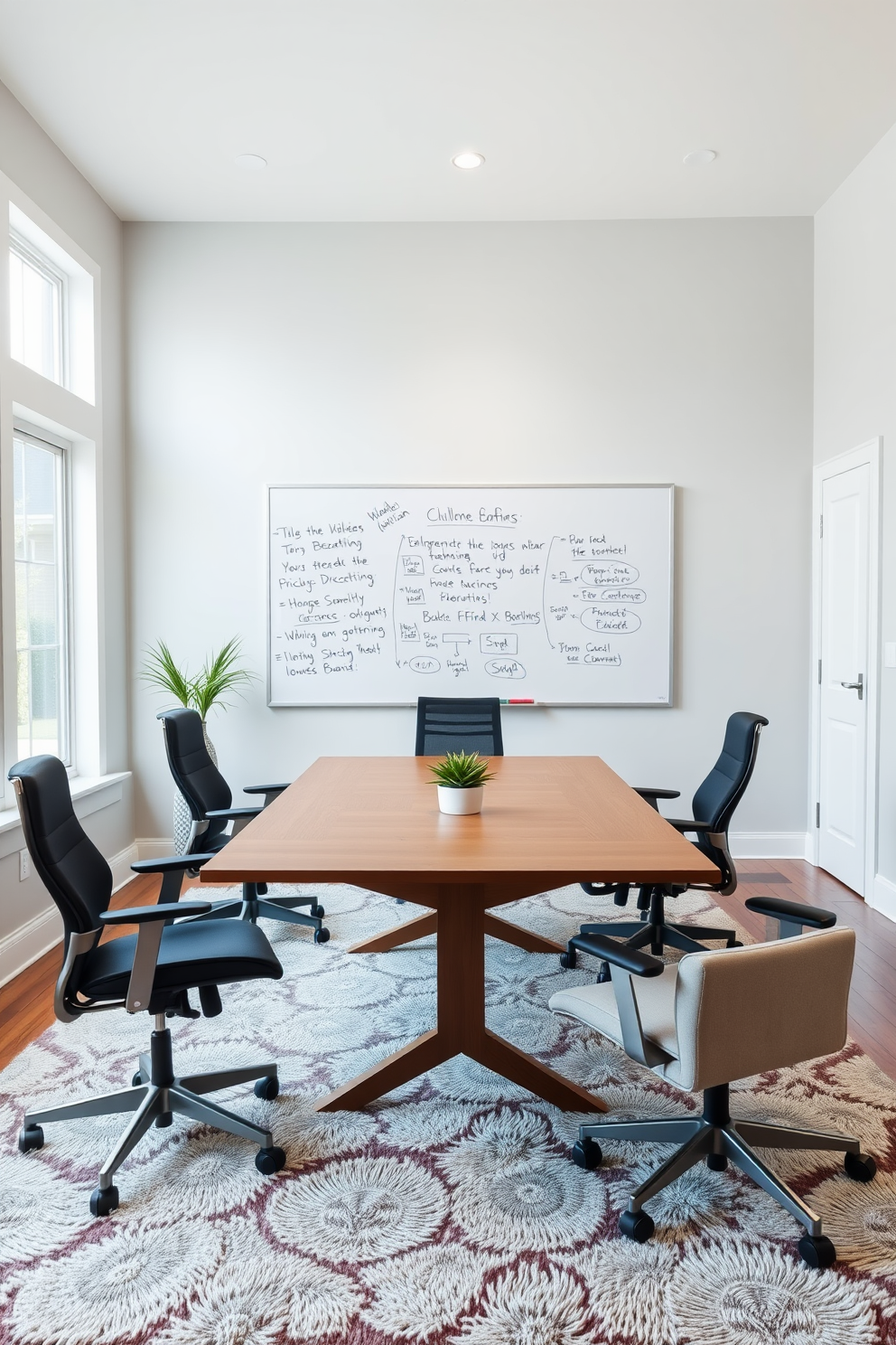 A spacious home office featuring a large whiteboard mounted on the wall for brainstorming sessions. The room is filled with natural light from large windows, with a sleek wooden desk positioned in front of the whiteboard. Comfortable ergonomic chairs are placed around a stylish conference table, encouraging collaboration and creativity. The walls are painted in a calming light gray, and the floor is adorned with a plush area rug that adds warmth to the space.