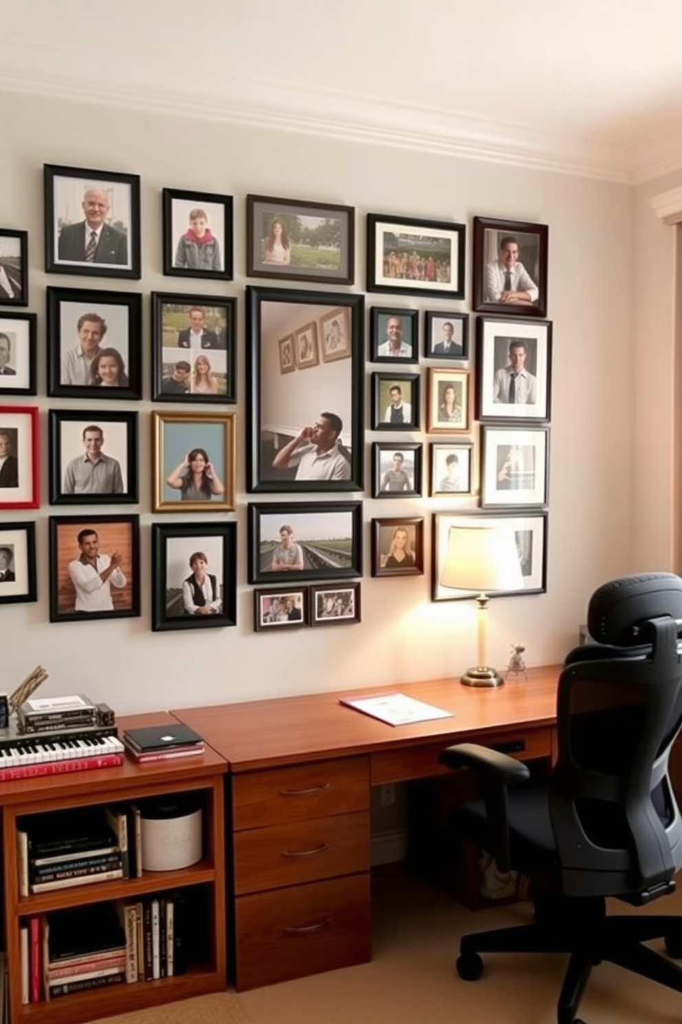 Create a gallery wall featuring an eclectic mix of personal photos arranged in various sizes and frames. The wall is painted in a soft neutral tone to enhance the visual impact of the artwork. Design a spacious home office that combines functionality with style. Incorporate a large wooden desk, comfortable ergonomic chair, and built-in shelving for books and decorative items.