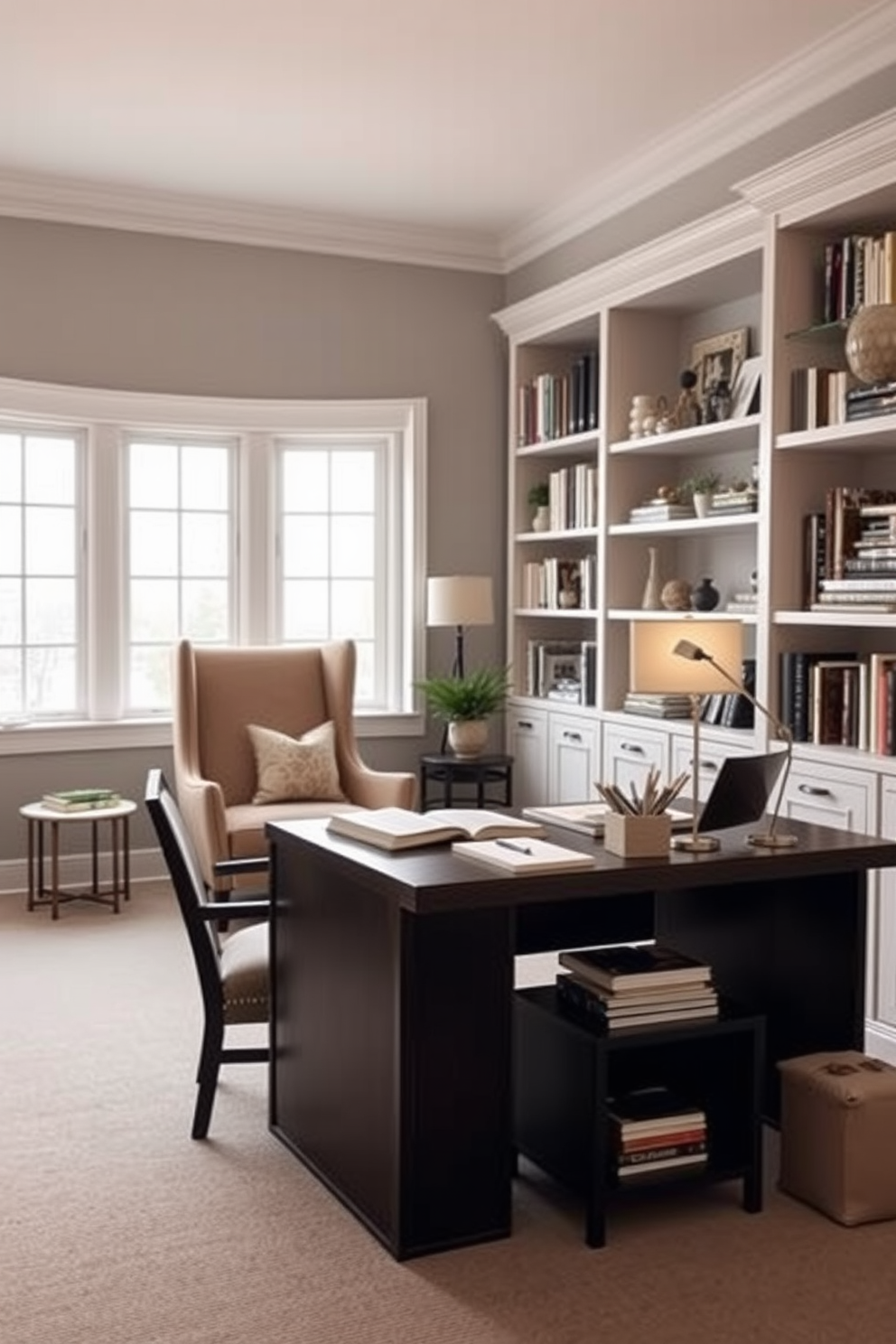 A spacious home office featuring a comfortable lounge chair positioned in a cozy reading nook. The desk is made of dark wood with a sleek design, complemented by a stylish desk lamp and organized stationery. The walls are painted in a soft gray tone, creating a calm atmosphere, with large windows allowing natural light to fill the room. Shelves filled with books and decorative items line one wall, adding personality and warmth to the space.