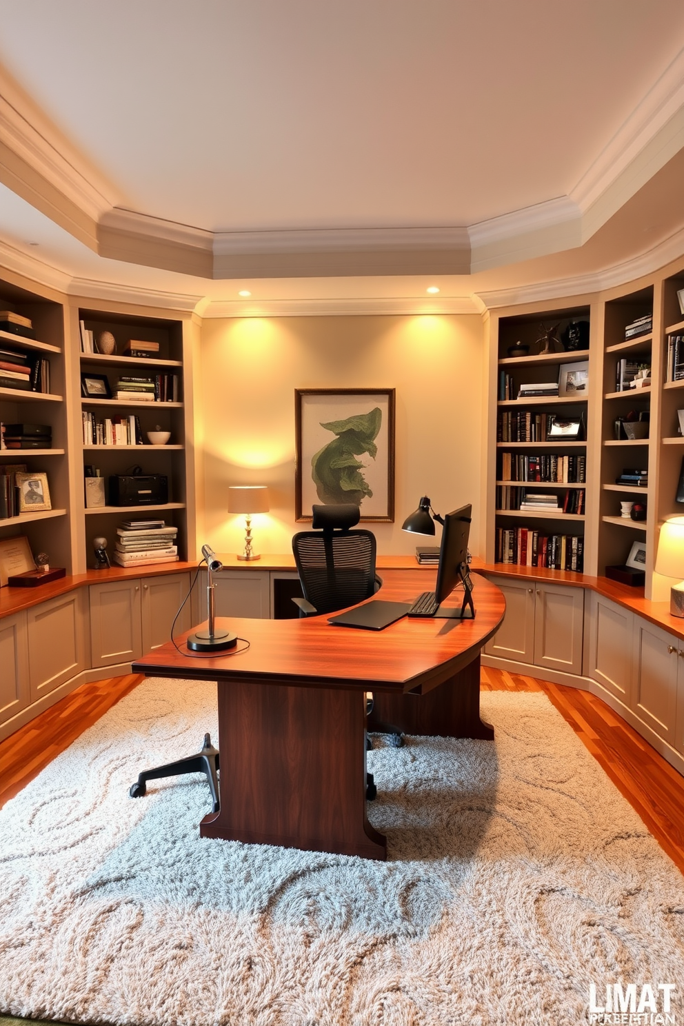 A spacious home office featuring layered lighting to create a warm and inviting atmosphere. The room is equipped with a large wooden desk, a comfortable ergonomic chair, and built-in bookshelves filled with books and decorative items. Soft overhead lighting complements stylish desk lamps, providing both task and ambient light. The walls are painted in a soft neutral tone, and a plush area rug adds warmth to the hardwood floor.