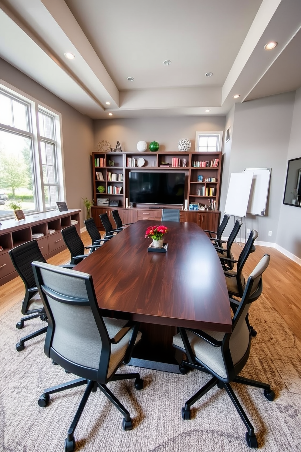 A large home office designed for meetings features a spacious conference table made of dark wood surrounded by comfortable ergonomic chairs. The walls are painted in a soft gray tone, and large windows allow natural light to flood the room, enhancing productivity. On one side of the room, a built-in bookshelf displays various books and decorative items, adding personality to the space. A modern whiteboard and a large screen for presentations are mounted on the opposite wall, ensuring functionality for meetings.