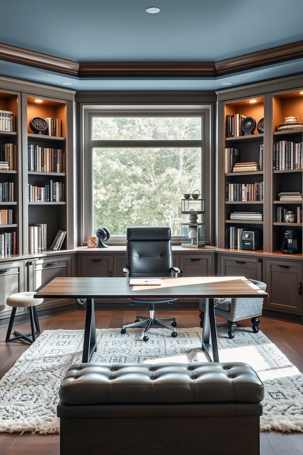 A large home office designed for productivity and comfort. The space features a sleek wooden desk positioned in front of a large window, allowing natural light to flood the room. Behind the desk, there are built-in shelves filled with books and decorative items. The walls are painted in a calming blue hue, and the floor is covered with a plush area rug. A cozy seating area with a stylish armchair and a small side table is placed in one corner. To enhance convenience, a coffee station with a modern espresso machine and neatly arranged mugs is set up nearby.