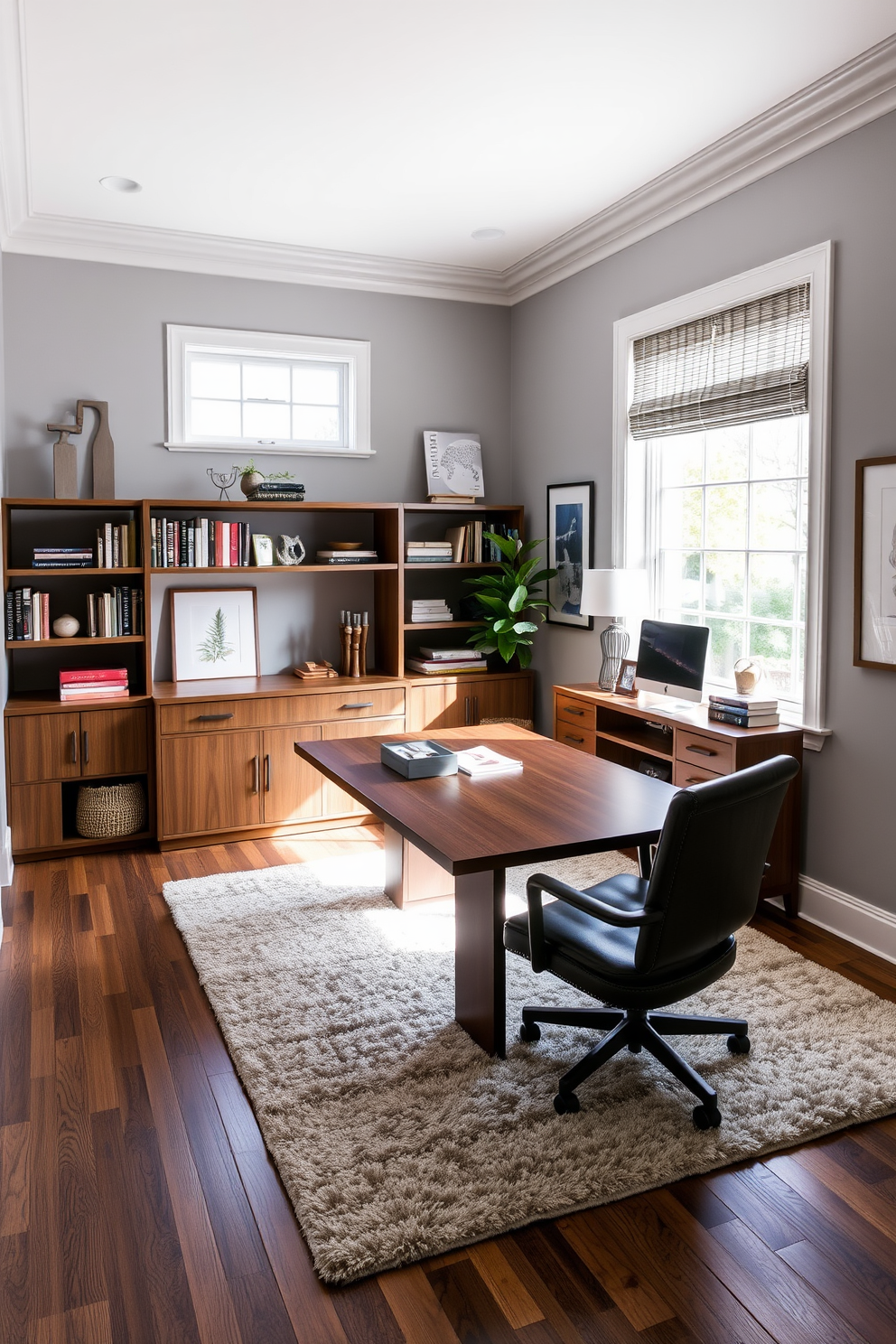 A spacious home office features a large wooden desk with ample workspace, positioned near a window that allows natural light to flood the room. The walls are painted in a soft gray hue, complemented by a plush area rug underfoot and stylish shelving units filled with books and decorative items.