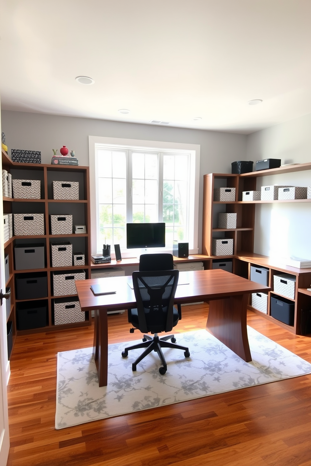 A spacious home office features a large wooden desk positioned in front of a window, allowing natural light to flood the room. Surrounding the desk are decorative storage boxes in various sizes, neatly organized on shelves to maintain a tidy and stylish workspace. The walls are painted in a calming light gray, creating a serene atmosphere conducive to productivity. A comfortable ergonomic chair is paired with the desk, and a modern area rug adds warmth to the hardwood floor.