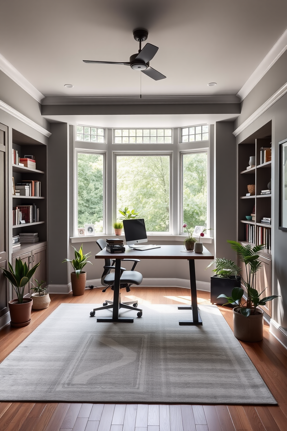 A spacious home office featuring a sleek standing desk positioned by a large window that allows natural light to flood the room. The walls are painted in a soft gray tone, complemented by built-in shelves filled with books and decorative items. The desk is made of dark wood, paired with an ergonomic chair that provides comfort during long working hours. A large area rug in a neutral shade anchors the space, while a few potted plants add a touch of greenery and vibrancy.