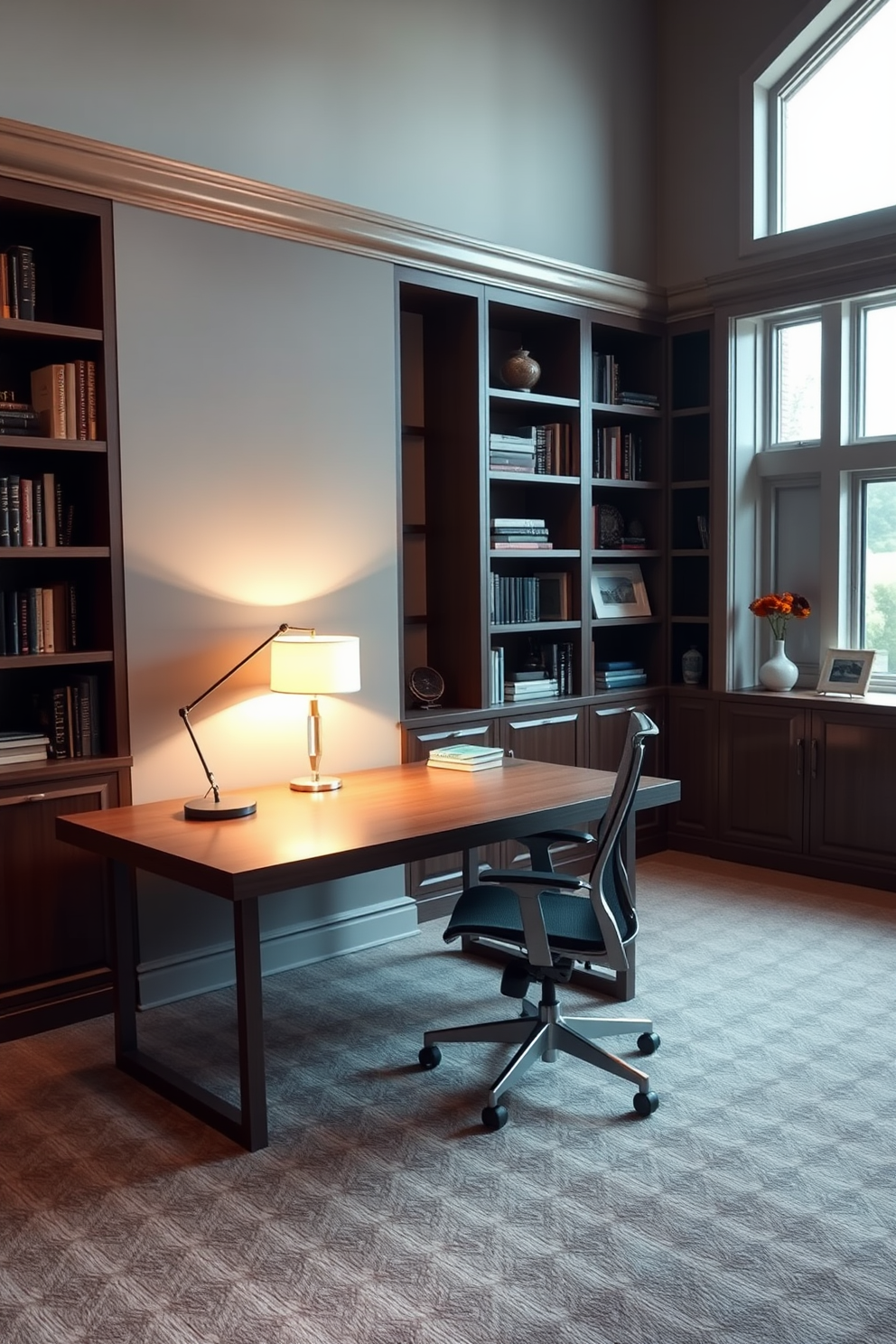 A large home office features a sleek wooden desk positioned against a wall of built-in bookshelves filled with neatly arranged books and decorative items. A stylish desk lamp with a modern design sits on the desk, casting a warm glow over a spacious workspace that includes a comfortable ergonomic chair. The walls are painted in a soft gray, providing a calming backdrop for productivity. Large windows allow natural light to flood the room, enhancing the inviting atmosphere and highlighting the elegant decor.