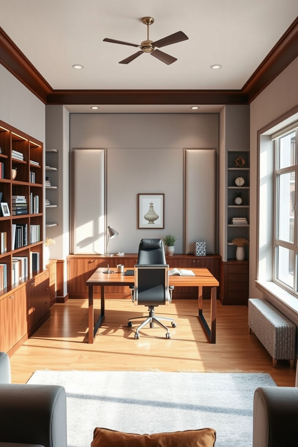 A spacious home office designed for maximum focus features soundproofing elements integrated into the walls and ceiling. The room is filled with natural light from large windows, and a sleek wooden desk sits in the center, complemented by an ergonomic chair. Soft, acoustic panels in a calming color are strategically placed to minimize noise distractions. Shelves filled with books and stylish decor line the walls, creating an inspiring and productive environment.