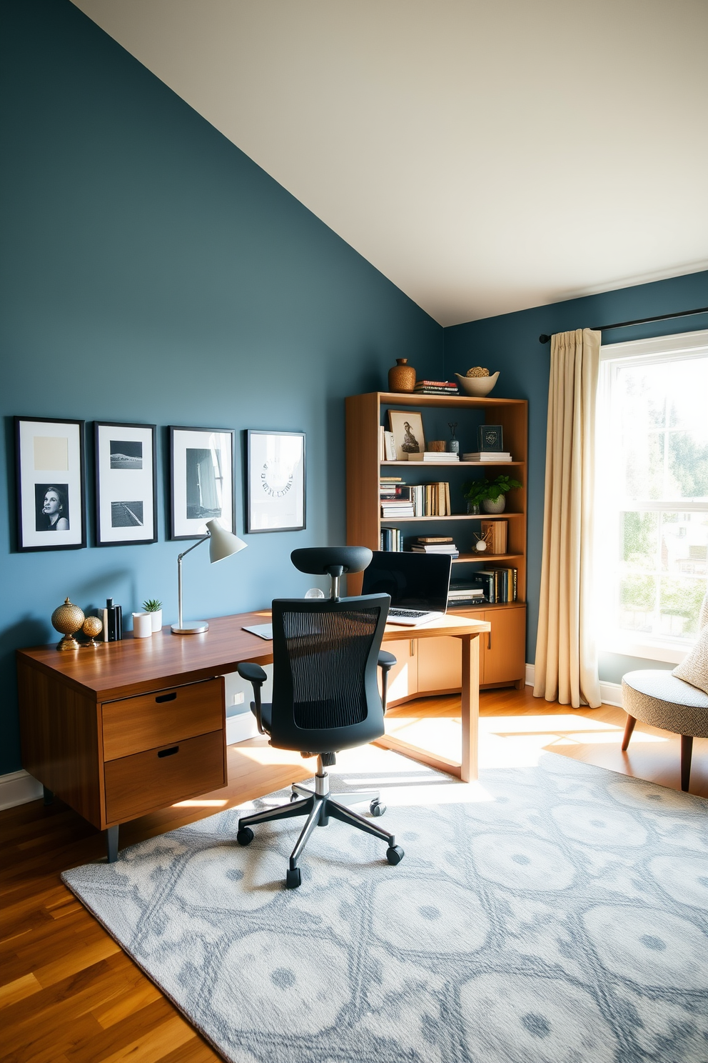 A personalized workspace that exudes comfort and style. The large home office features a sleek wooden desk positioned in front of a large window, allowing natural light to flood the space. A plush ergonomic chair complements the desk, while a stylish bookshelf filled with curated books and decorative items lines the wall. The walls are painted in a calming blue hue, and a modern area rug adds warmth to the hardwood floor.