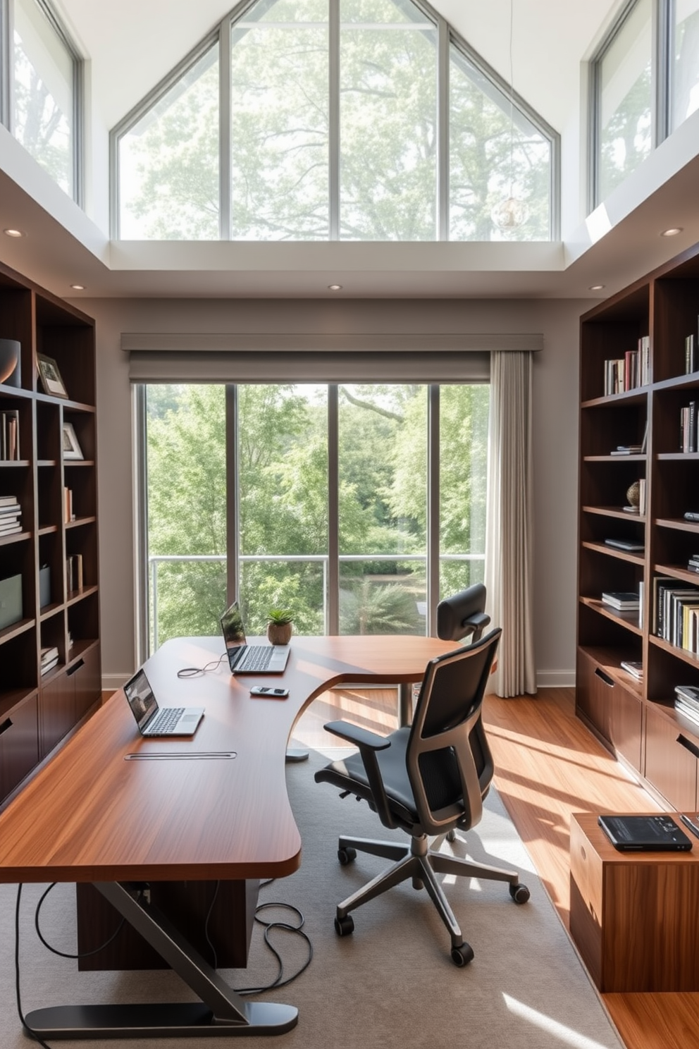 A modern home office space designed for productivity and technology. The room features a large wooden desk with built-in charging stations and a comfortable ergonomic chair. Floor-to-ceiling windows allow natural light to flood the space, creating an inviting atmosphere. Sleek shelving units line the walls, displaying books and tech gadgets for easy access.