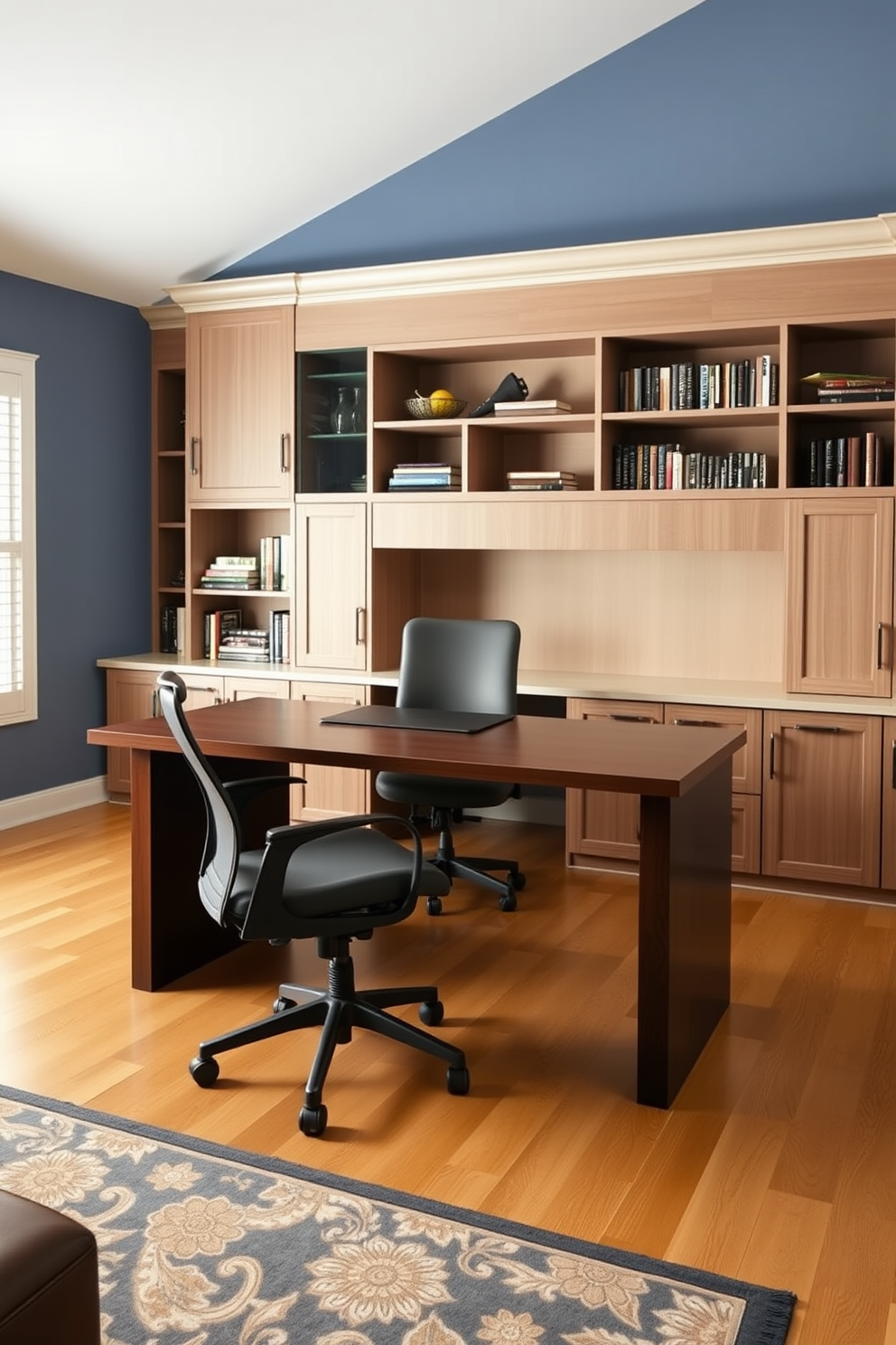 A spacious home office features a large wooden desk with a sleek finish positioned in the center. Behind the desk, a combination of open shelving and closed cabinetry provides ample storage for books and office supplies. The walls are painted in a calming blue hue, enhancing focus and creativity. A comfortable ergonomic chair sits in front of the desk, while a stylish area rug adds warmth to the space.