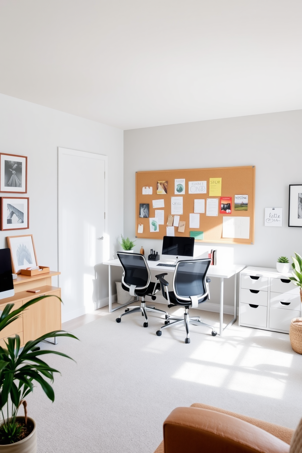 A spacious home office features a large wall-mounted bulletin board that serves as a central organizing element. The desk is positioned to take advantage of natural light, with stylish ergonomic chairs and sleek storage solutions enhancing functionality. The walls are painted in a calming light gray, creating a serene atmosphere conducive to productivity. A mix of modern decor and personal touches, such as framed artwork and plants, adds warmth and character to the space.