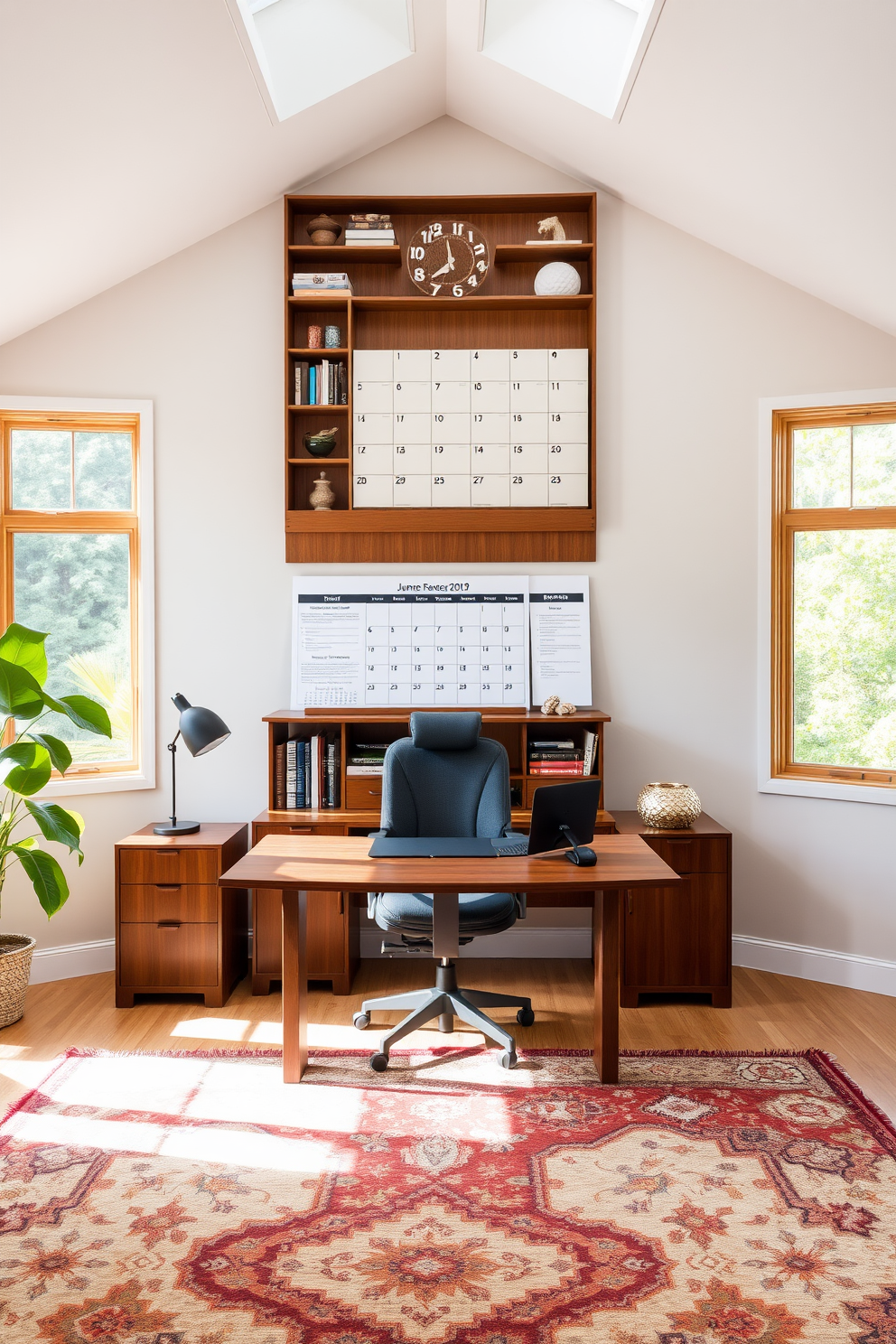 A spacious home office featuring a large wooden desk positioned centrally in the room. Behind the desk, a wall-mounted shelf holds books and decorative items, while a large calendar hangs prominently to organize tasks and appointments. The office is adorned with a comfortable ergonomic chair and a stylish area rug that adds warmth to the space. Large windows allow natural light to flood in, creating an inviting and productive atmosphere.