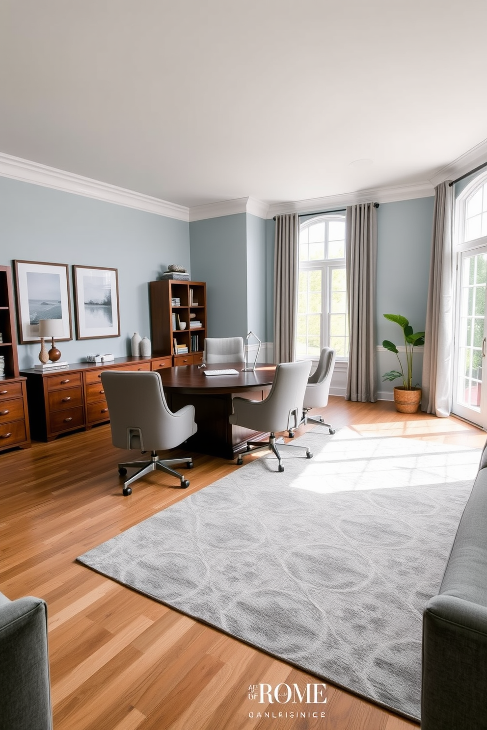 A spacious home office features a harmonious blend of soft blues and warm grays to create a calming atmosphere. The walls are painted in a light blue hue, complemented by gray accents in the furniture and decor. A large wooden desk sits at the center, surrounded by ergonomic chairs upholstered in a soft gray fabric. Natural light floods the room through large windows, enhancing the inviting ambiance and showcasing a stylish area rug in coordinating colors.