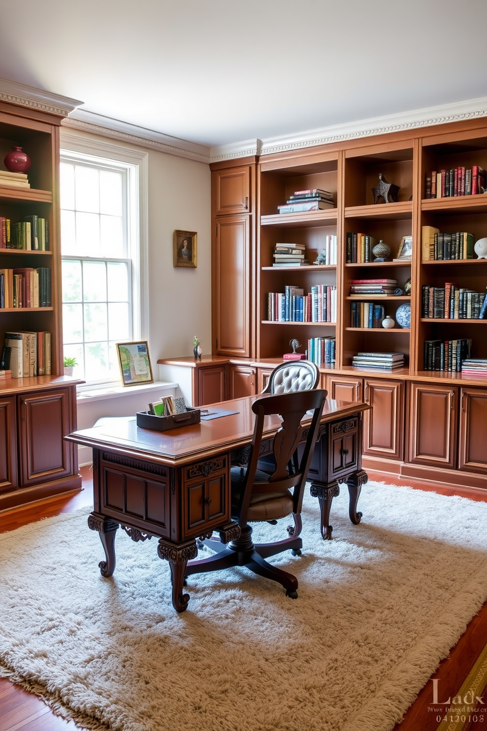 A spacious home office features a vintage wooden desk with intricate carvings that add character to the room. The desk is positioned near a large window, allowing natural light to illuminate the space and create an inviting atmosphere. Surrounding the desk are built-in bookshelves filled with various books and decorative items, enhancing the room's charm. A comfortable leather chair sits at the desk, complemented by a plush area rug that ties the room together.