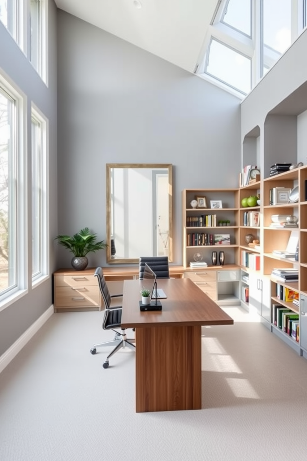 A spacious home office featuring large windows that allow natural light to flood the room. The walls are painted in a soft gray, and a sleek wooden desk sits at the center, flanked by ergonomic chairs. A statement mirror is mounted on one wall to reflect light and create an illusion of depth. Shelves filled with books and decorative items line another wall, adding personality and warmth to the space.