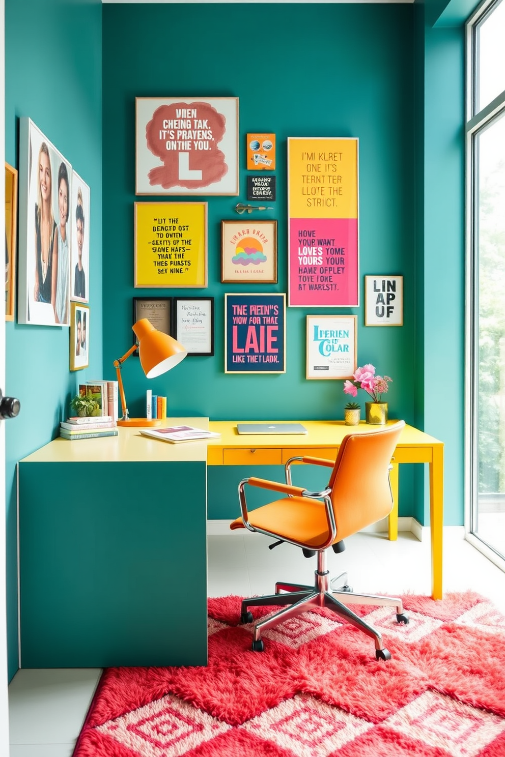 A vibrant home office filled with bold colors that inspire creativity and energy. The walls are painted in a bright teal, complemented by a large yellow desk and a striking orange accent chair. A gallery wall showcases colorful artwork and motivational quotes. A plush area rug in geometric patterns adds warmth and texture to the space, while large windows let in ample natural light.