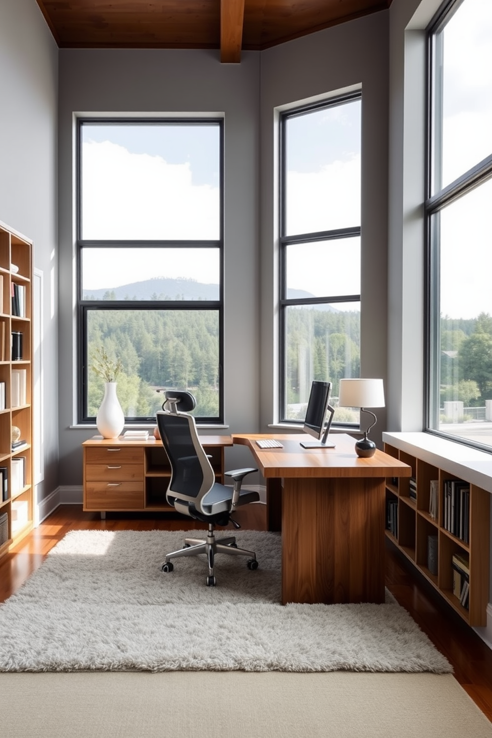 A spacious home office featuring large windows that provide a stunning view of the outdoors. The room is filled with natural light, highlighting a sleek wooden desk positioned to face the windows. The walls are painted in a calming light gray, complemented by a plush area rug in soft tones. A stylish ergonomic chair sits at the desk, while bookshelves filled with books and decorative items line one side of the room.